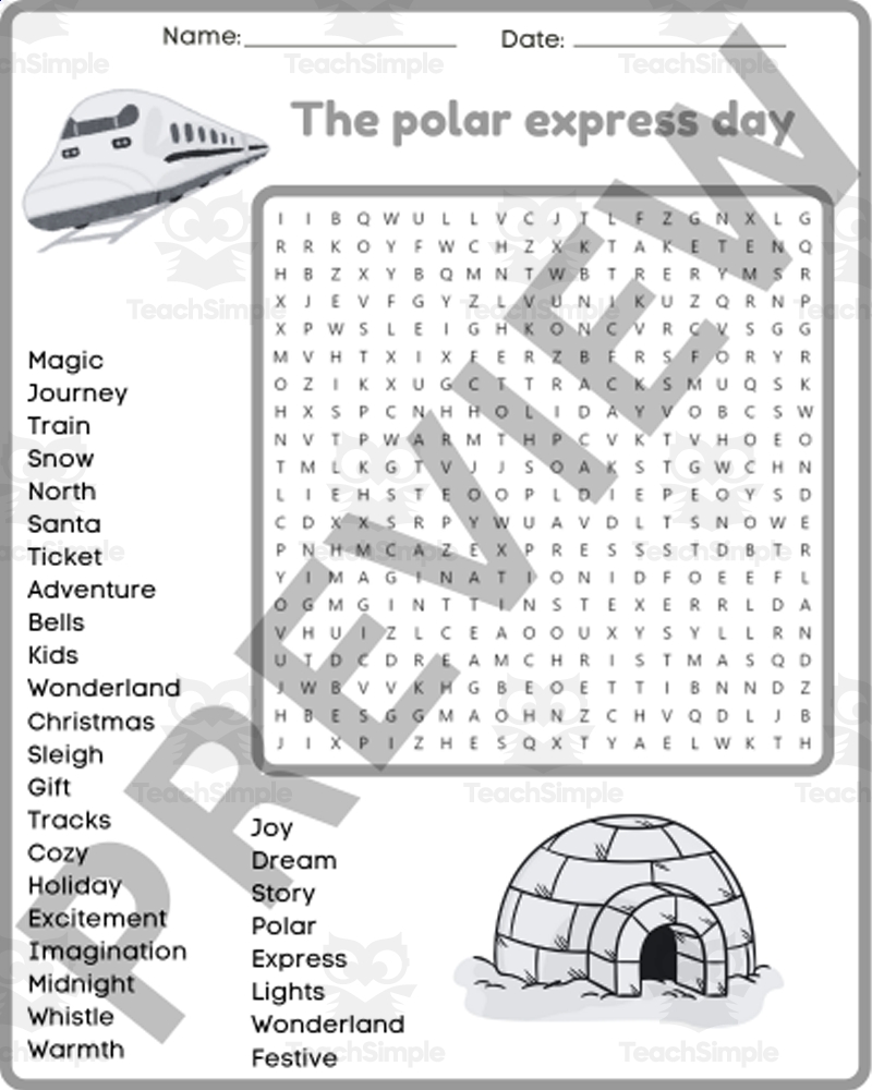 THE POLAR EXPRESS DAY Word Search Puzzle Worksheets Activity By Teach Simple