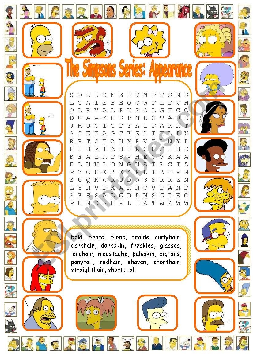 The Simpsons Series Appearance WordSearch Key Included ESL Worksheet By Ceballos