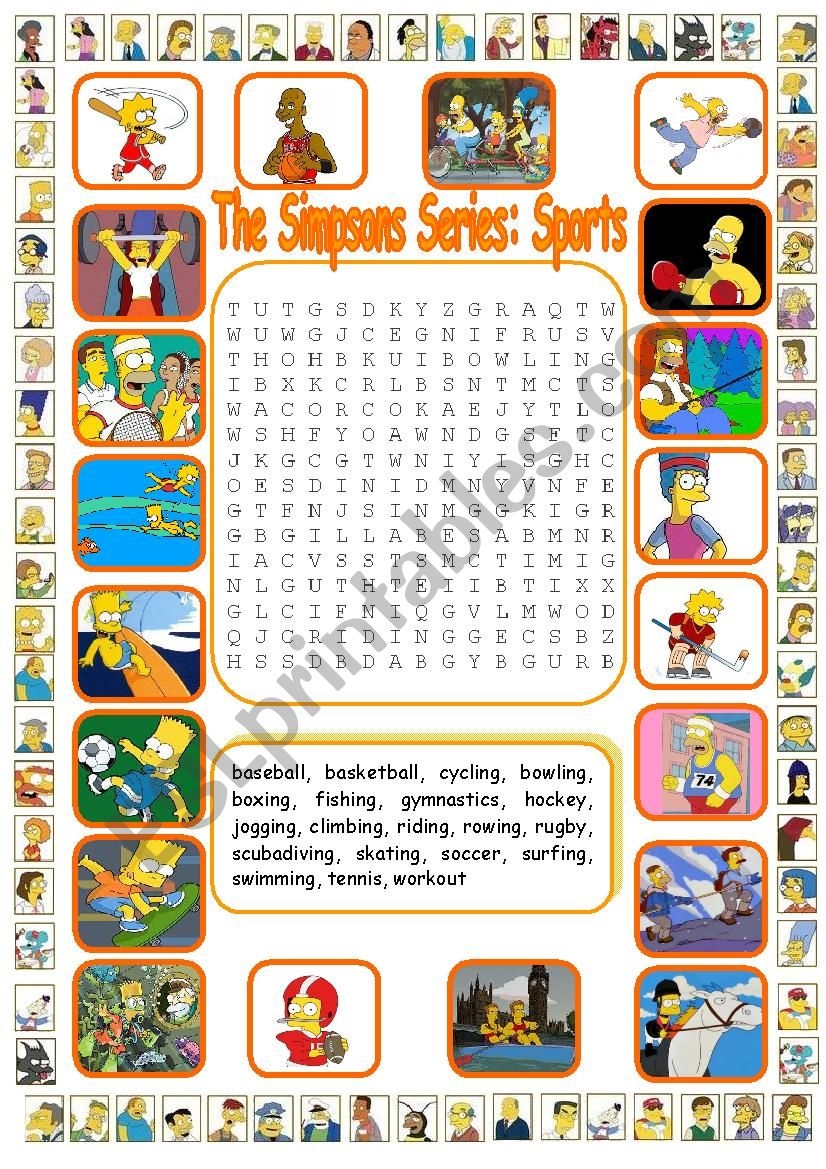The Simpsons Series Sports Wordsearch WITH KEY ESL Worksheet By Ceballos