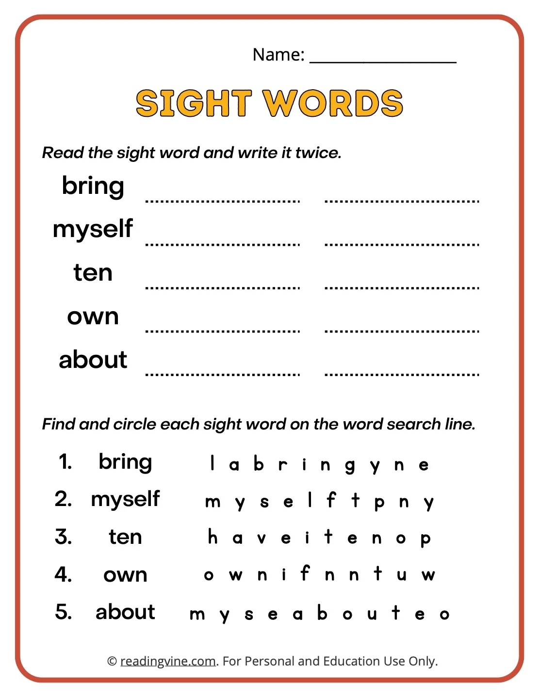 Third Grade Sight Words ReadingVine