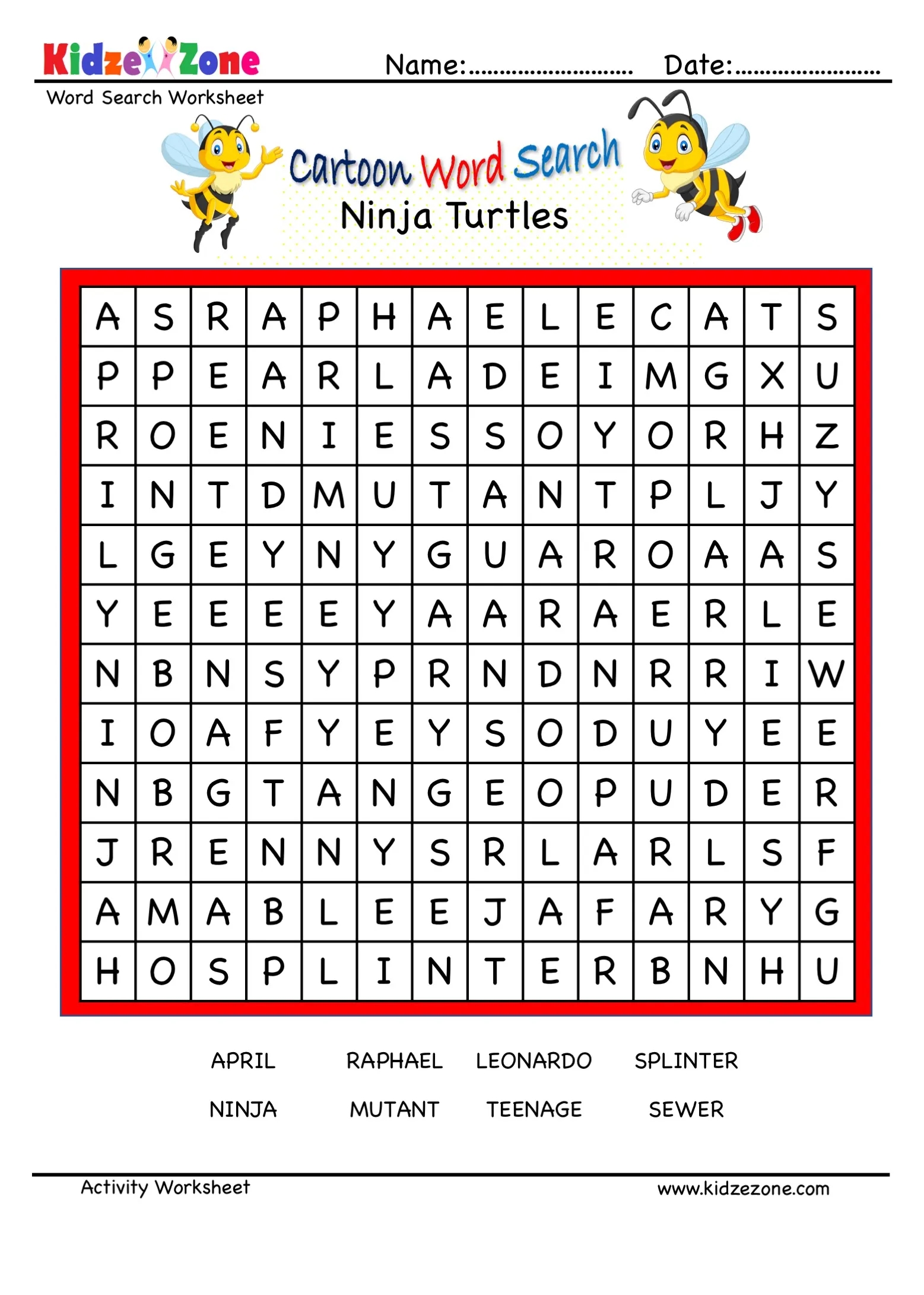 Ninja Turtle Word Search Printable