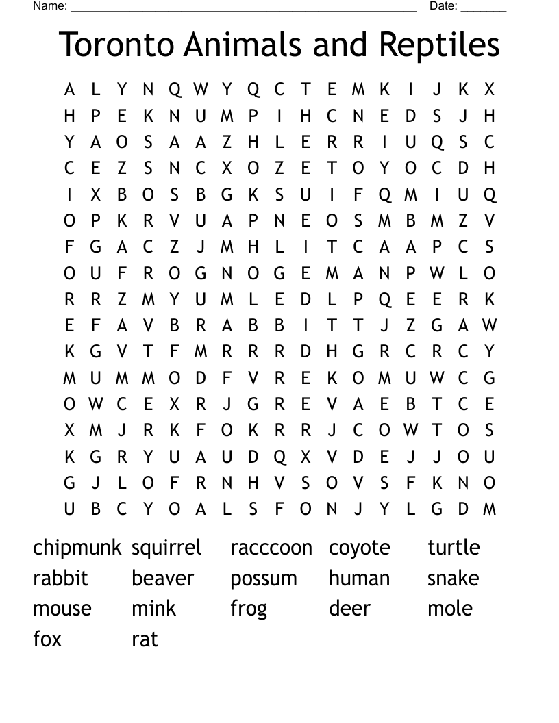 Toronto Animals And Reptiles Word Search WordMint