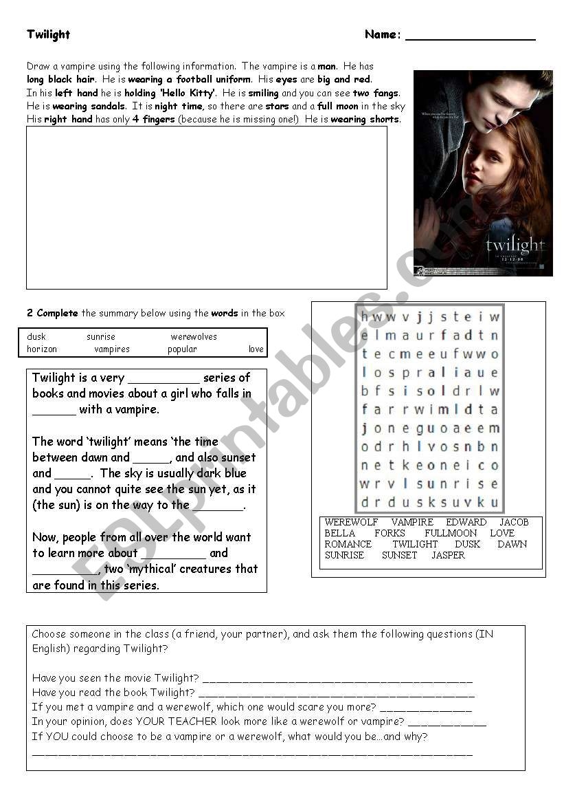 Twilight Reading Drawing Partner Interview and A Word Search ESL Worksheet By Teachergary
