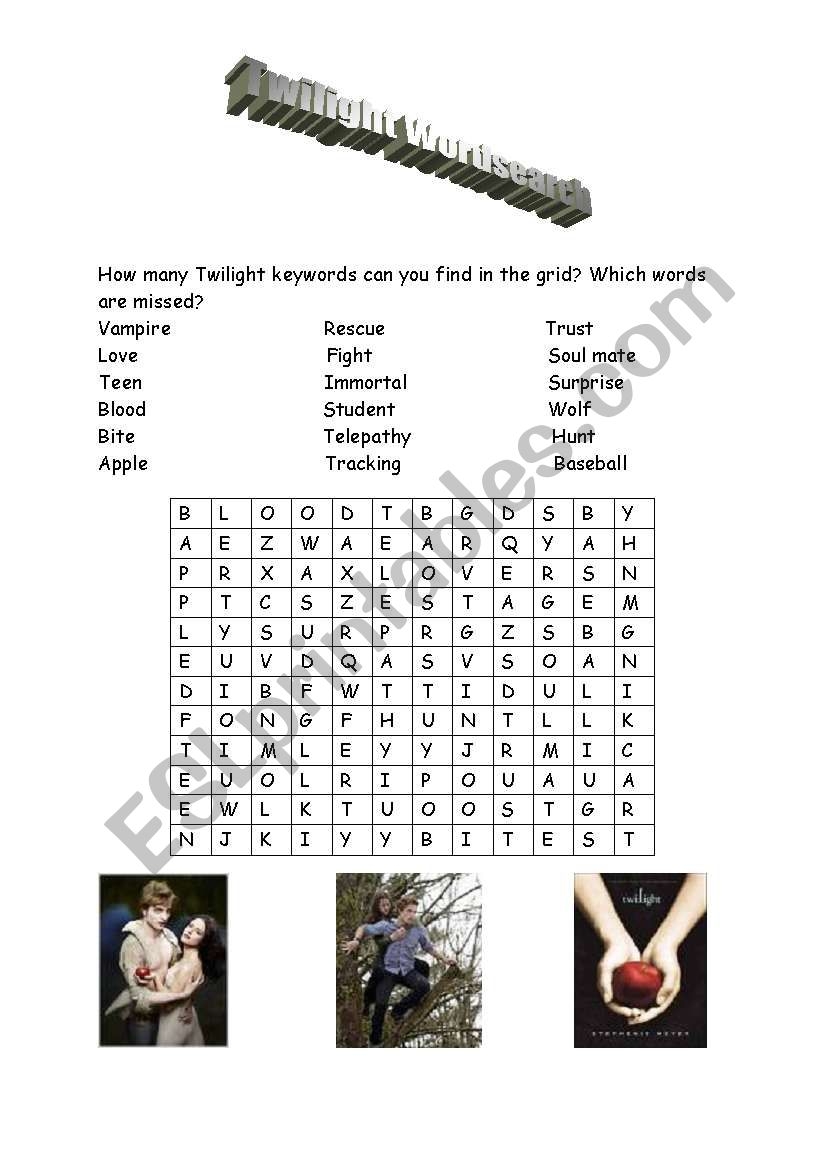 Twilight Wordsearch ESL Worksheet By Twin sister1