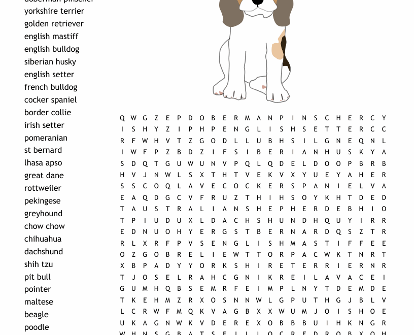 Types Of Dogs Word Search WordMint Worksheets Library