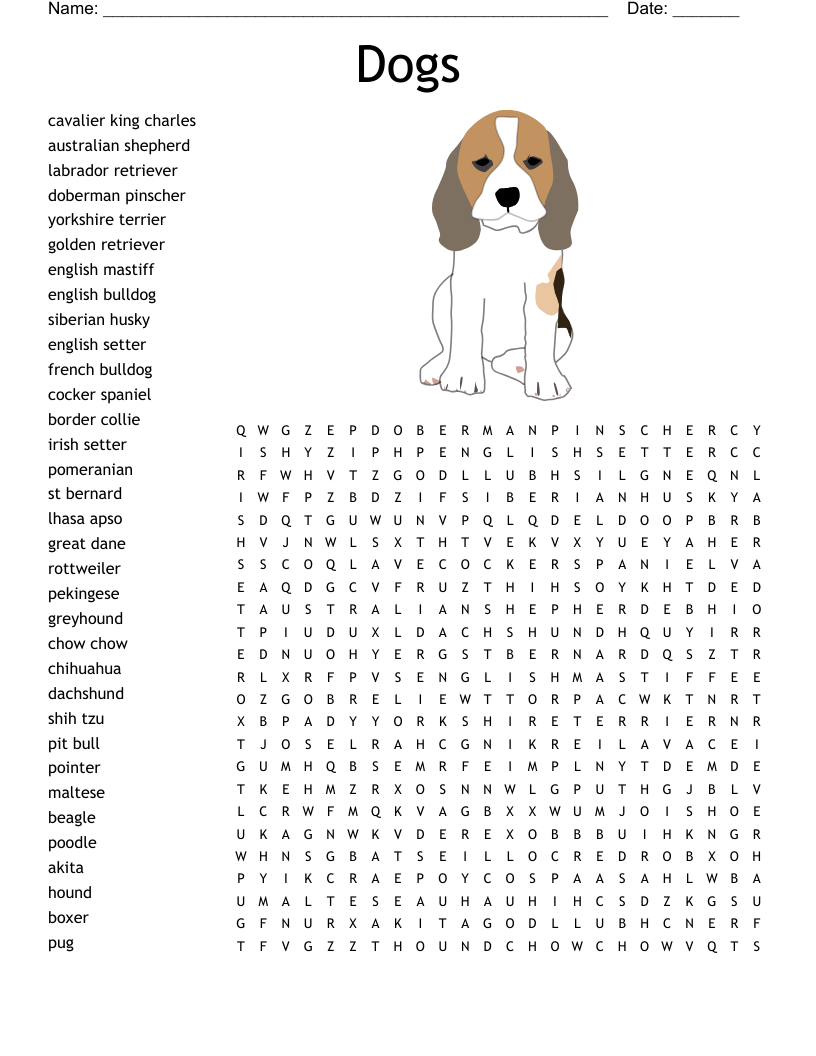 Types Of Dogs Word Search WordMint Worksheets Library