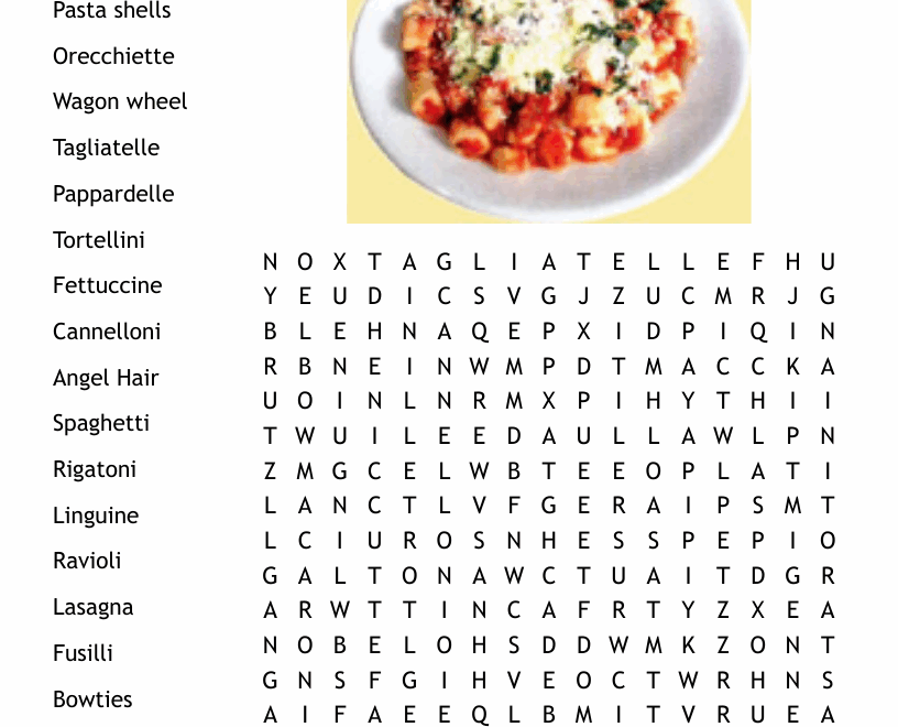 Types Of Pasta Word Search WordMint