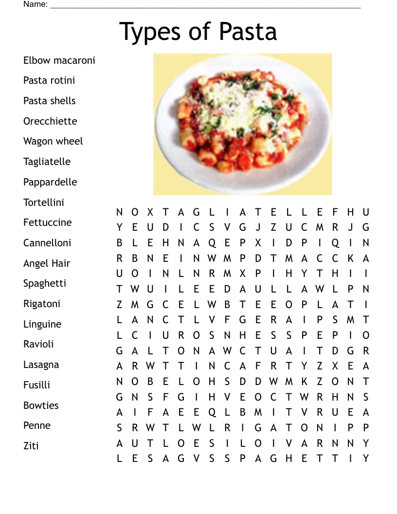 Types Of Pasta Word Search WordMint