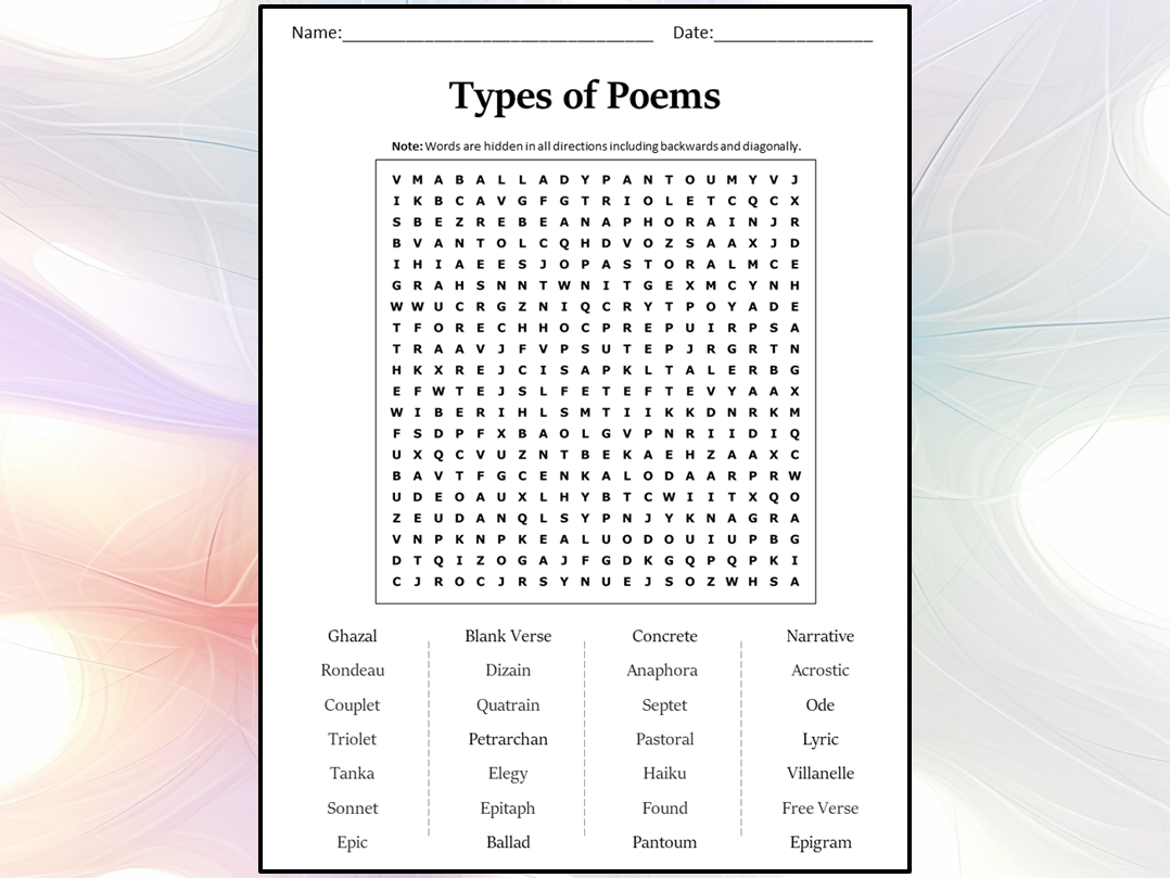 Types Of Poems Word Search Puzzle Worksheet Activity Teaching Resources