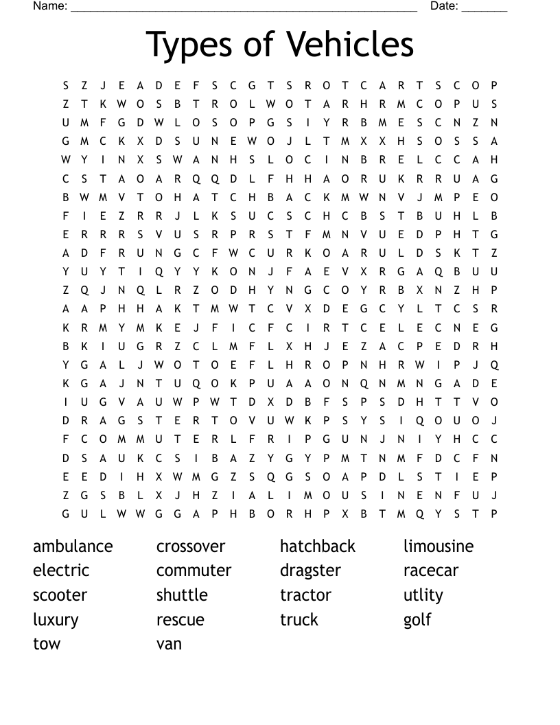 Types Of Vehicles Word Search WordMint