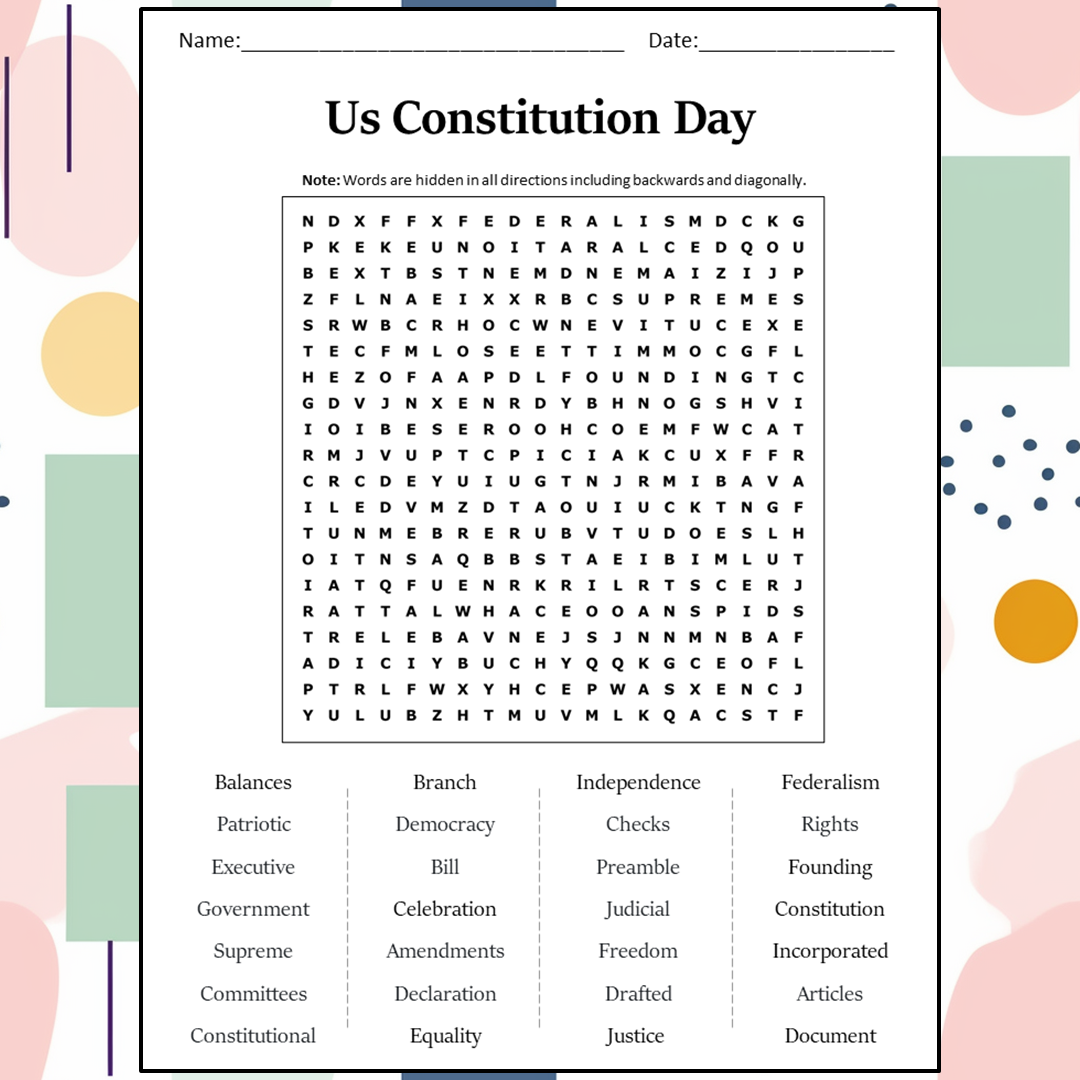 Us Constitution Day Word Search Puzzle Worksheet Activity Worksheets Library