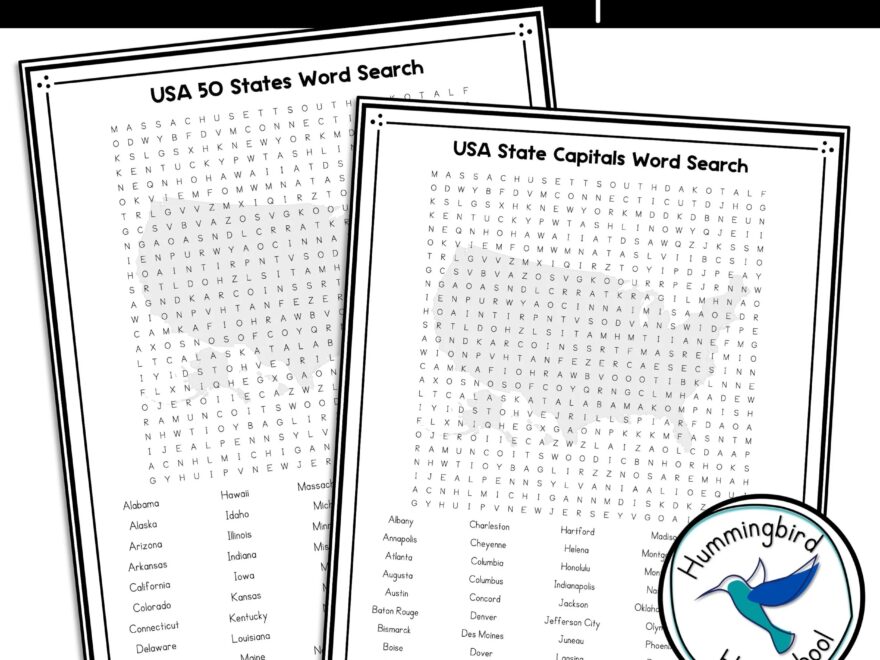 USA 50 States Word Search PDFs Hummingbird Homeschool