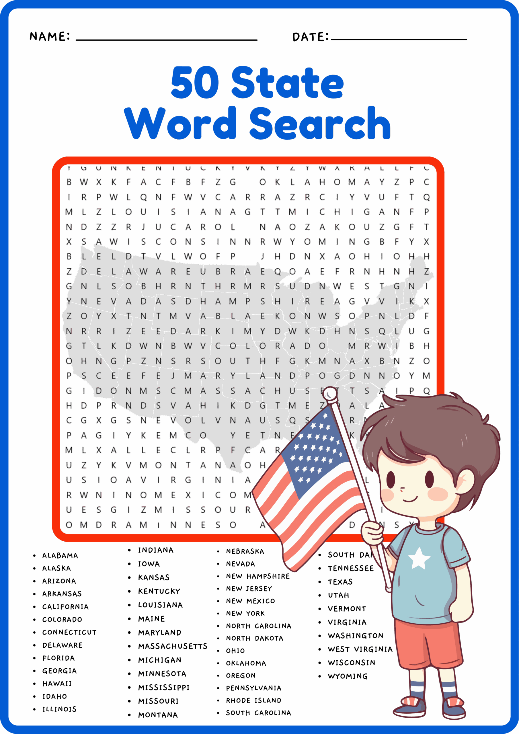 USA GEOGRAPHY Worksheet Activity All 50 Fifty US States Word Search Puzzle Made By Teachers