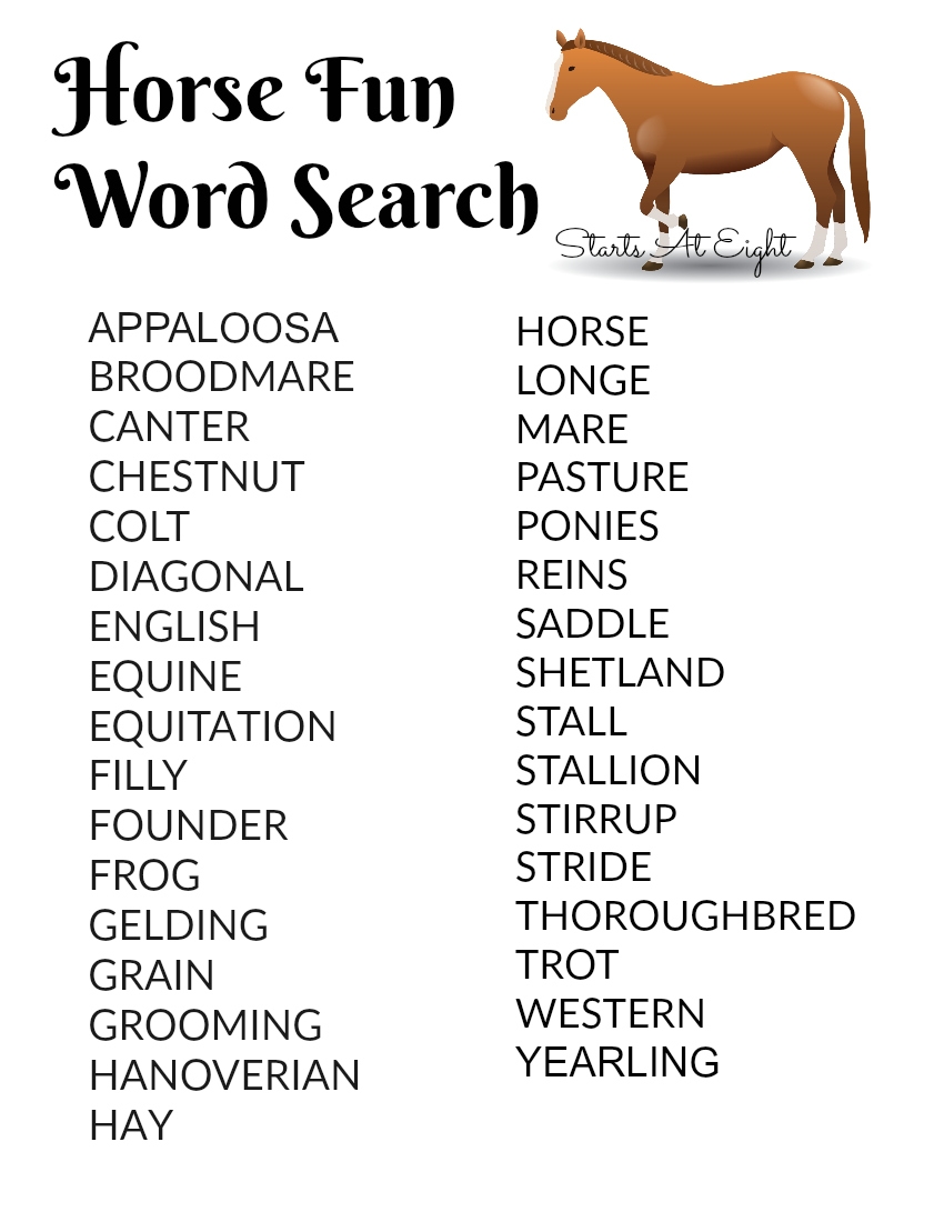 Word Search Horses Printables Word Search Horses Printables