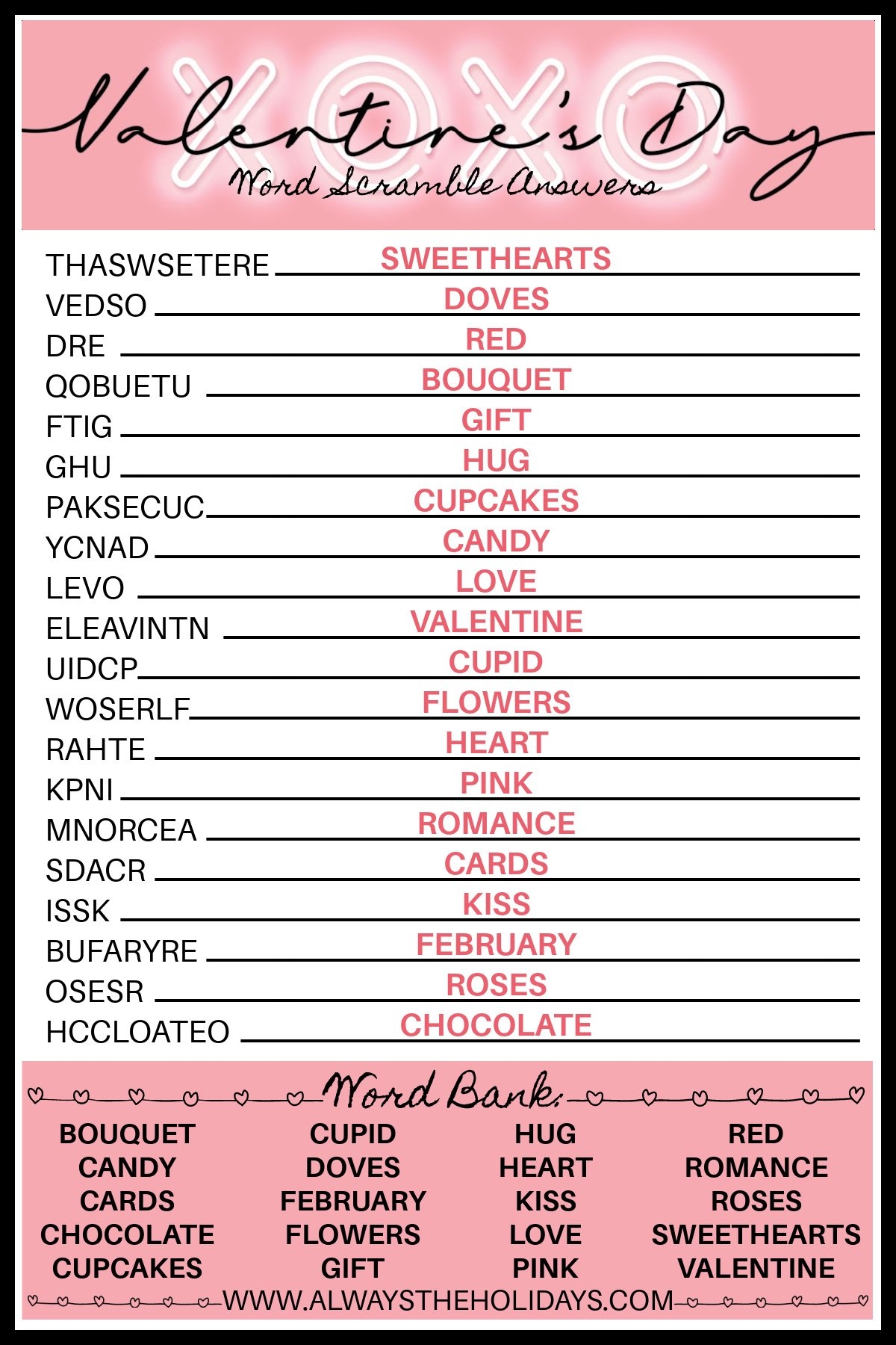 Valentines Printable Word Search