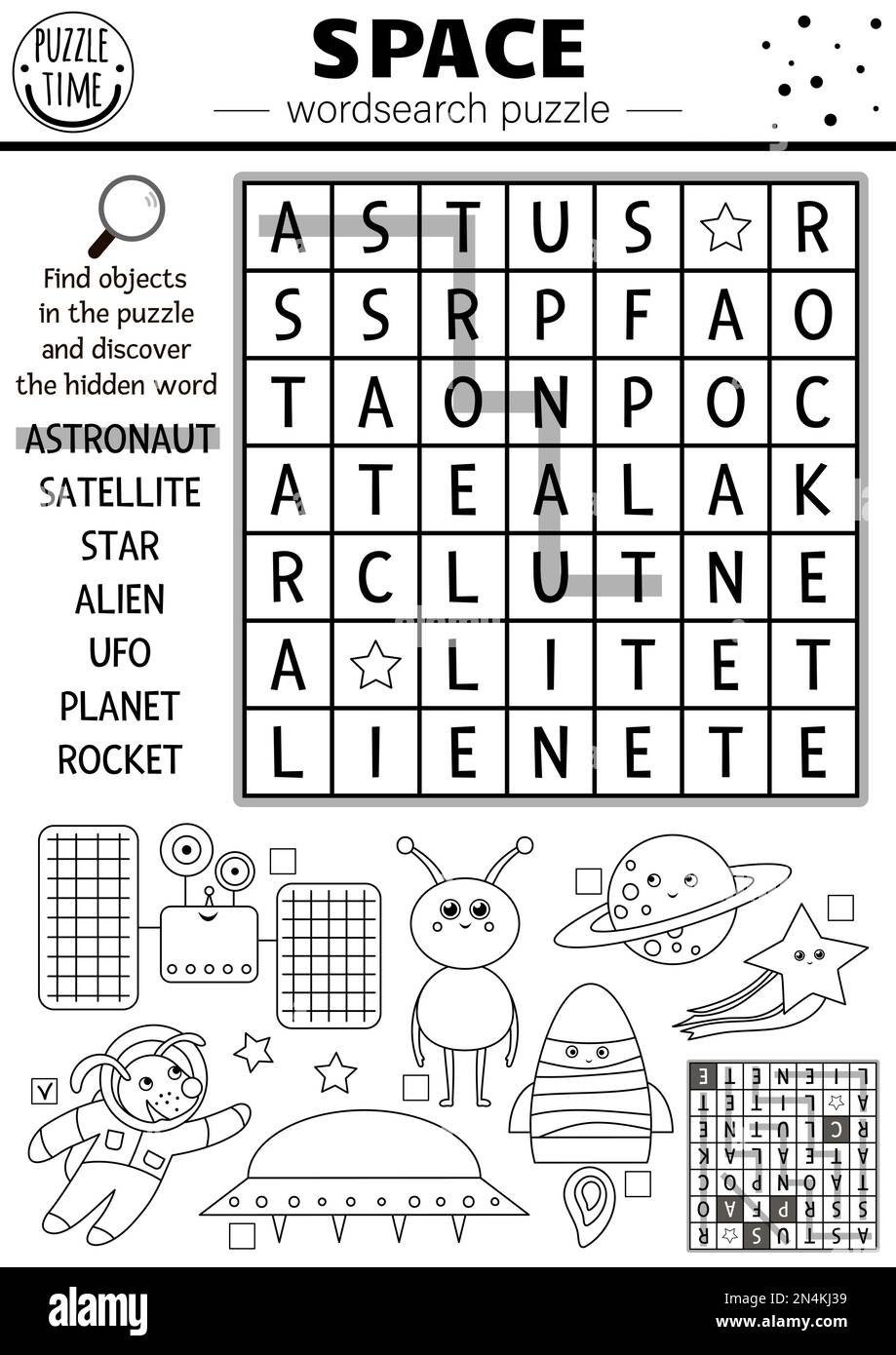 vector black and white space wordsearch puzzle for kids simple astronomy crossword activity with ufo astronaut star planet rocket alien solar stock vector image art alamy