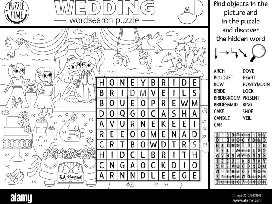 Vector Black And White Wedding Wordsearch Puzzle For Kids Word Search Quiz With Marriage Ceremony Landscape Coloring Page Educational Activity Or Cr Stock Vector Image Art Alamy