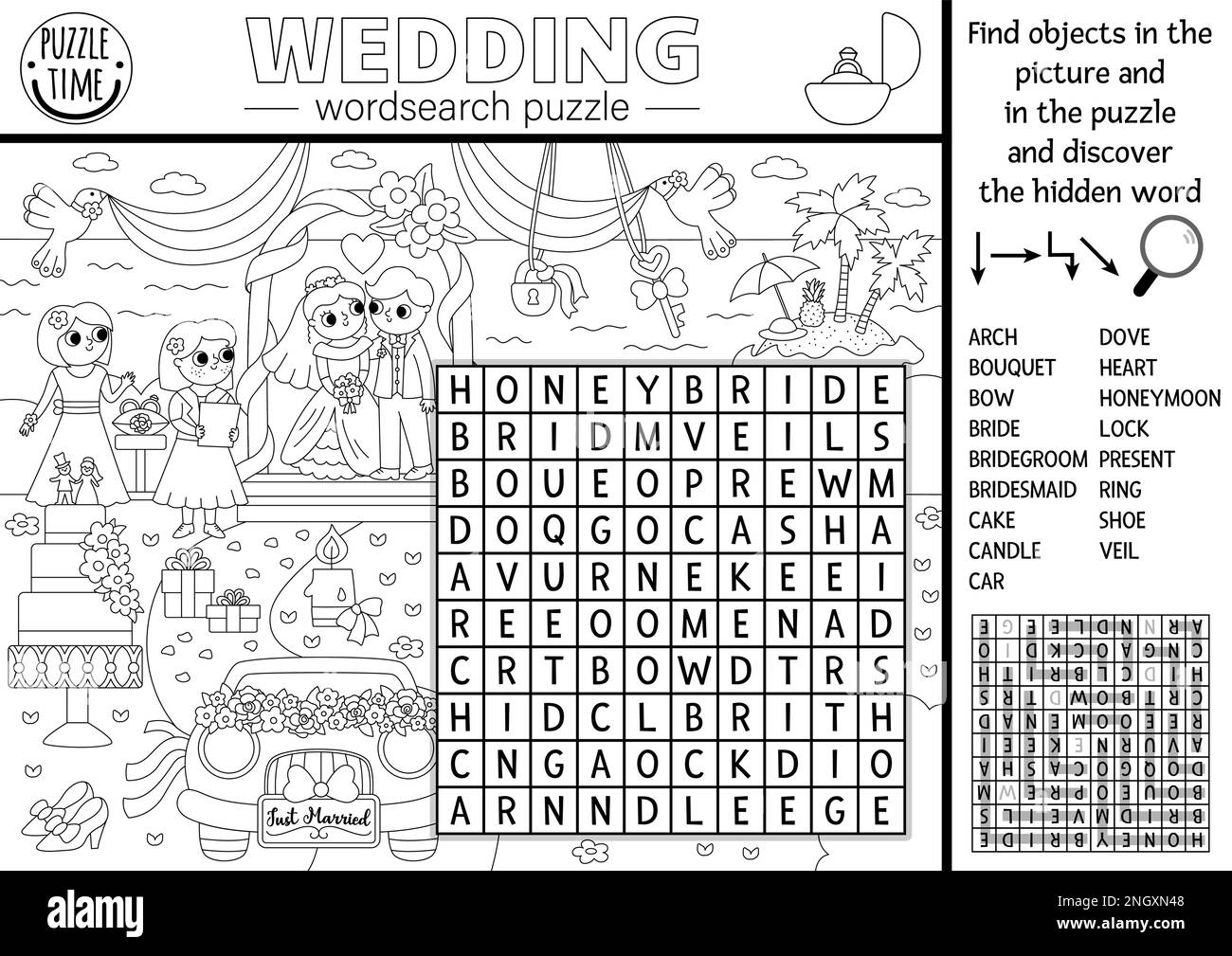 Vector Black And White Wedding Wordsearch Puzzle For Kids Word Search Quiz With Marriage Ceremony Landscape Coloring Page Educational Activity Or Cr Stock Vector Image Art Alamy