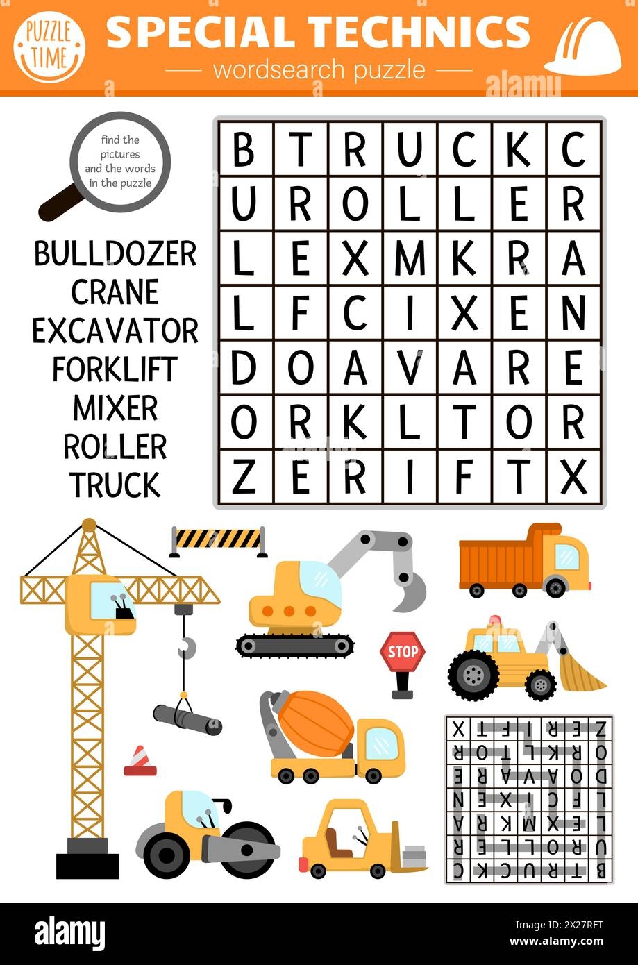 Vector Construction Site Wordsearch Puzzle For Kids Simple Word Search Quiz With Car Truck Excavator Bulldozer Lifting Crane For Children Cute E Stock Vector Image Art Alamy