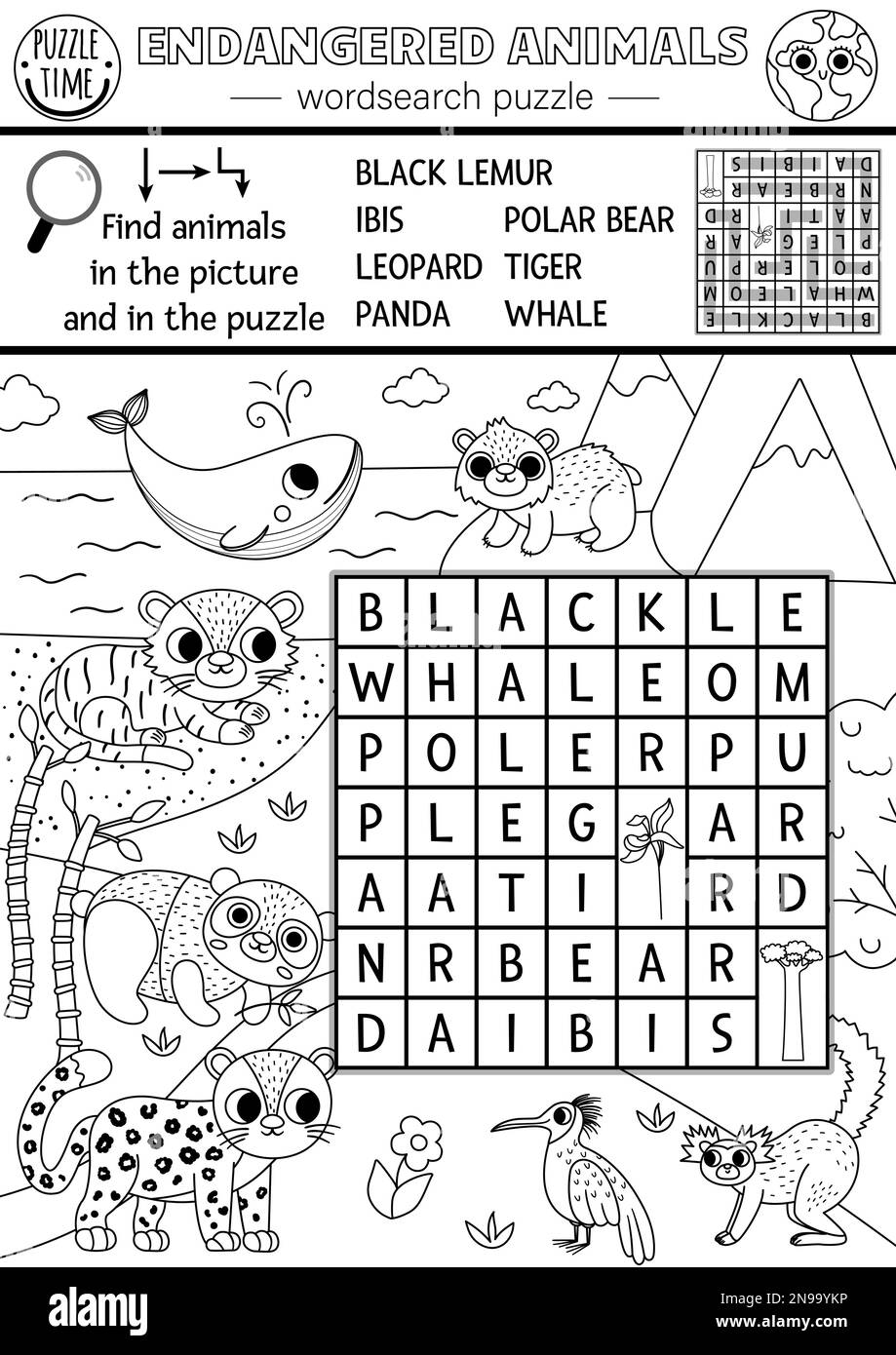 Vector Ecological Wordsearch Puzzle For Kids With Endangered Species Black And White Earth Day Word Search Line Quiz With Extinct Animals In The Wild Stock Vector Image Art Alamy