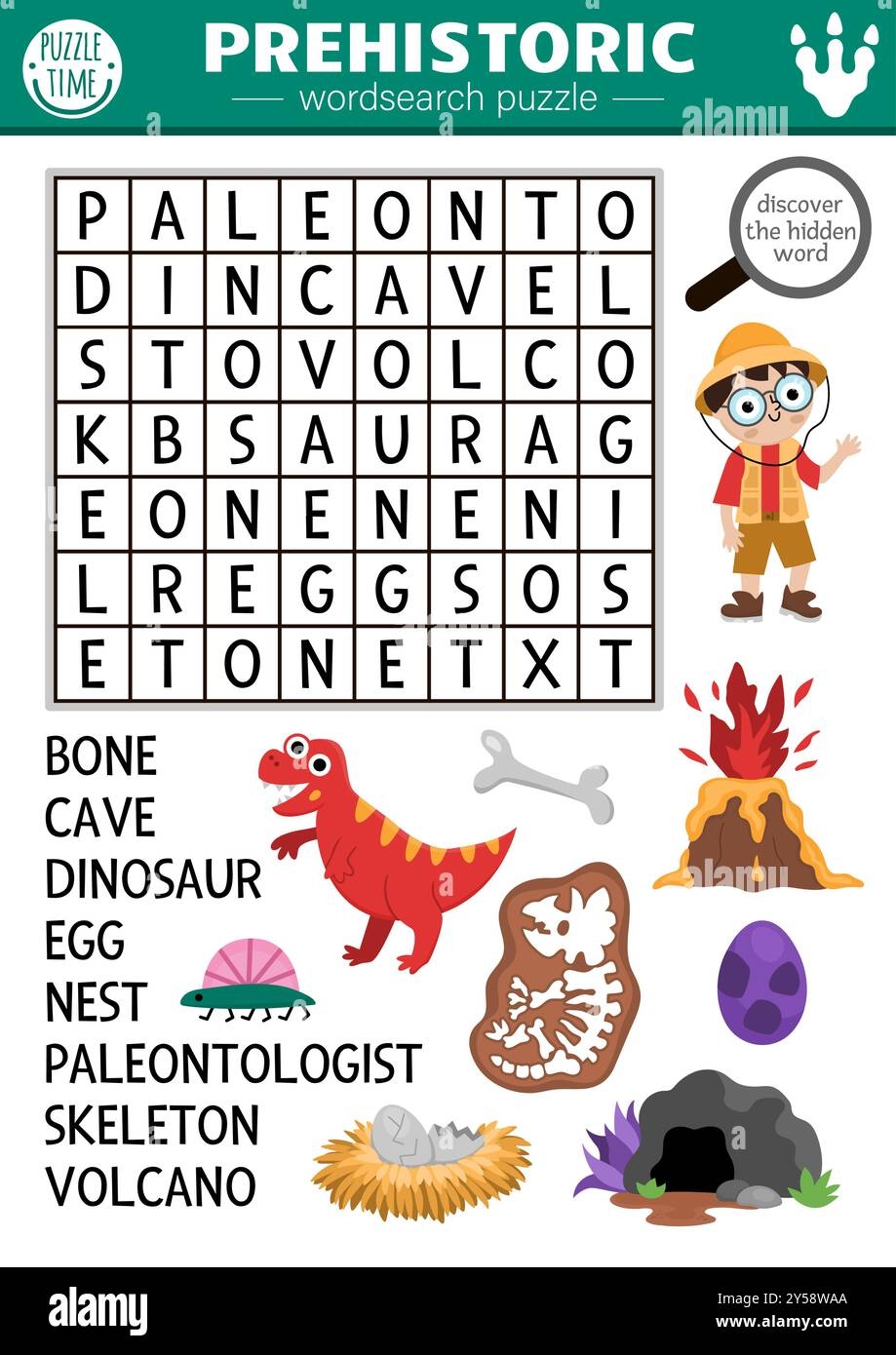 Vector Simple Dinosaur Wordsearch Puzzle For Kids Word Search Dino Land Quiz Educational Activity With Paleontologist Skeleton Volcano Egg Cave Stock Vector Image Art Alamy