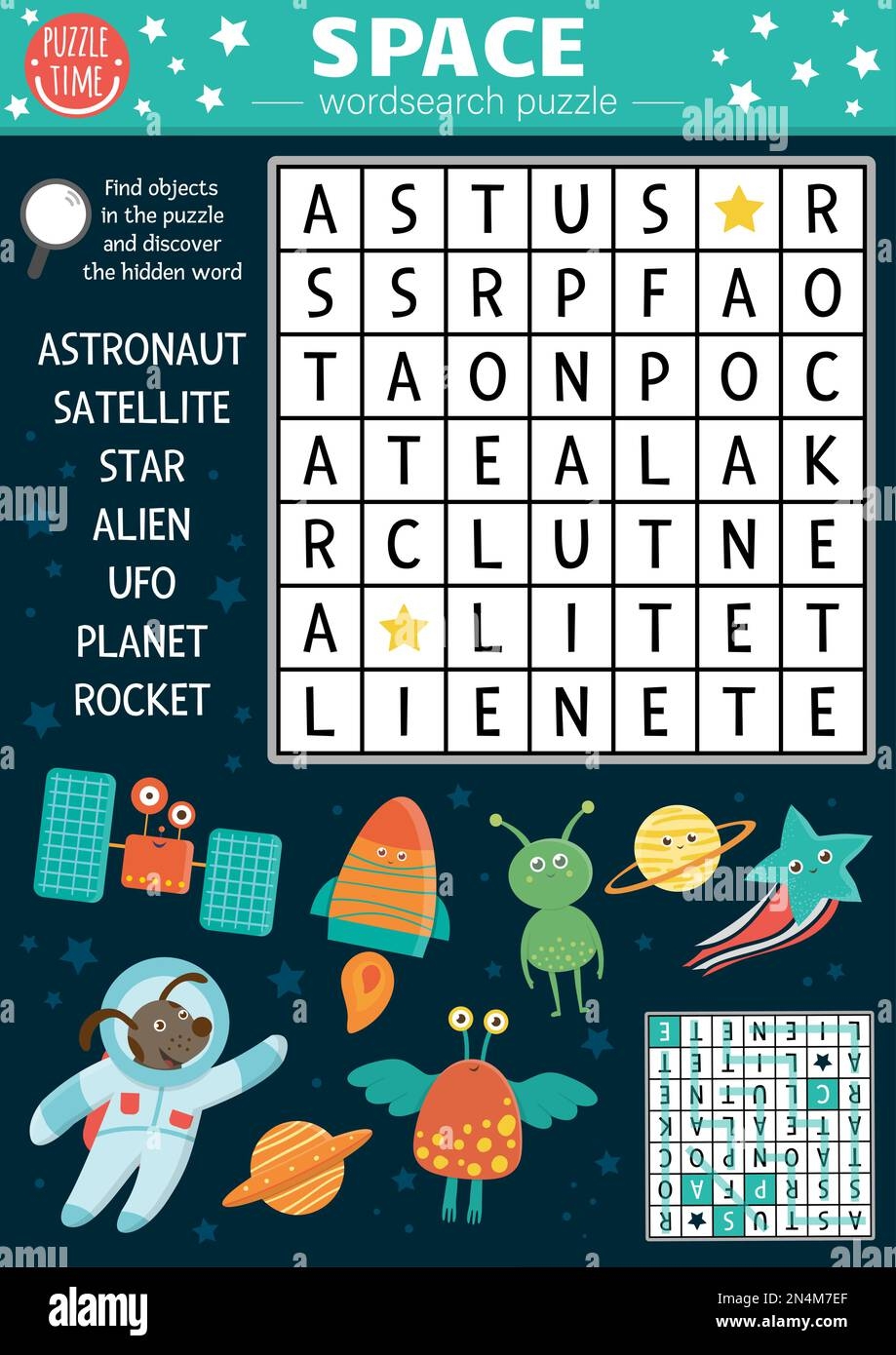 vector space wordsearch puzzle for kids simple astronomy crossword for children activity with ufo astronaut star planet rocket alien satellite stock vector image art alamy