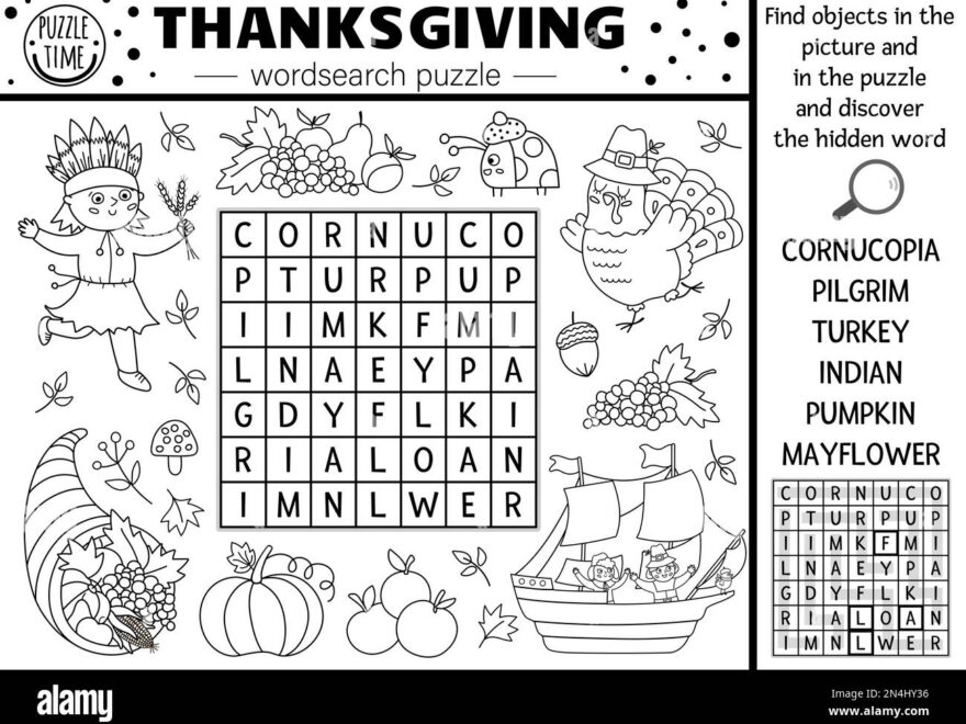 Vector Thanksgiving Black And White Wordsearch Puzzle For Kids Simple Line Autumn Camp Crossword With Traditional Symbols Coloring Keyword Activity Stock Vector Image Art Alamy