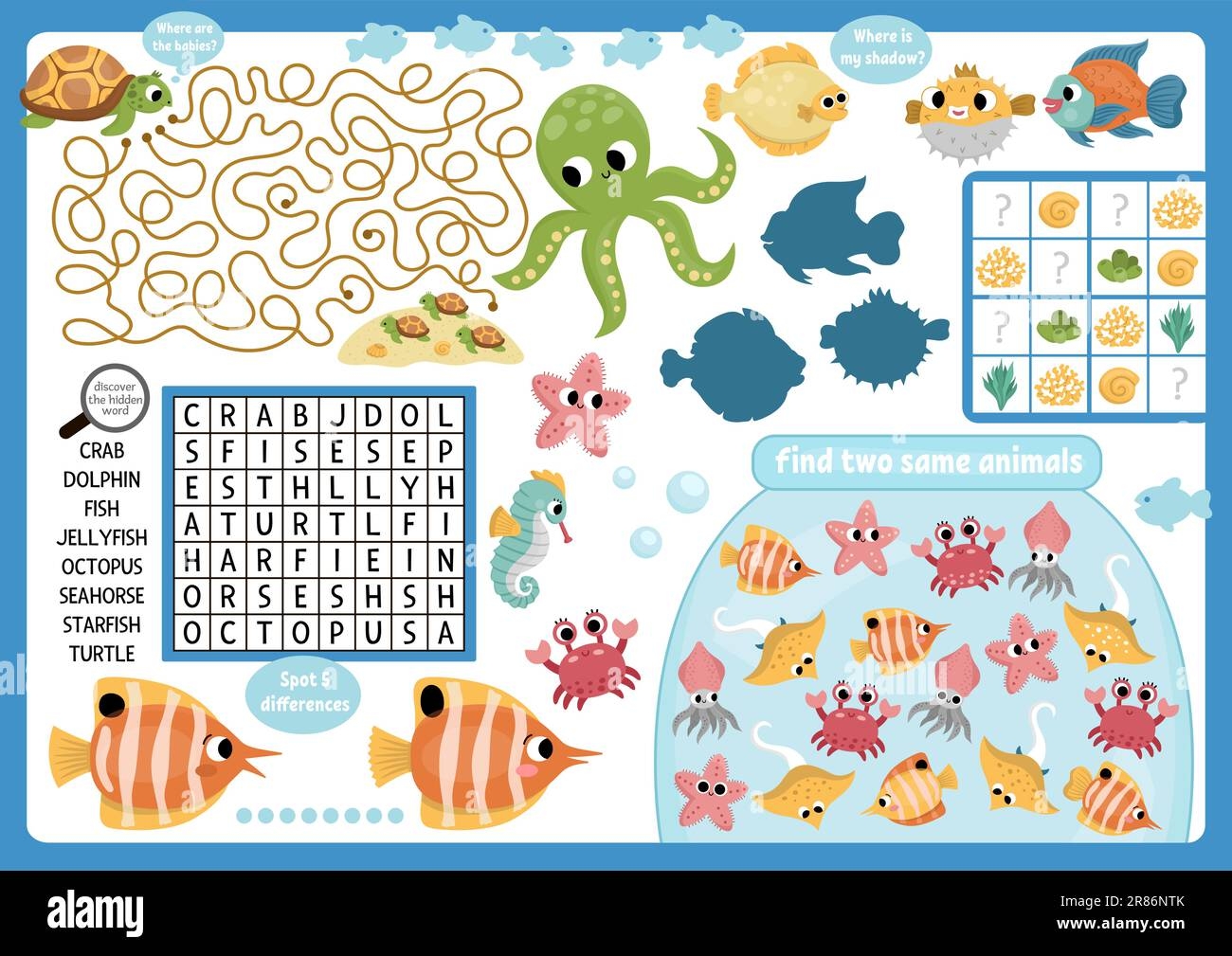 vector under the sea placemat for children ocean life printable activity mat with maze word search puzzle shadow match find difference underwater stock vector image art alamy vector under the sea placemat for children ocean life printable activity mat with maze word search puzzle shadow match find difference underwater stock vector image art alamy