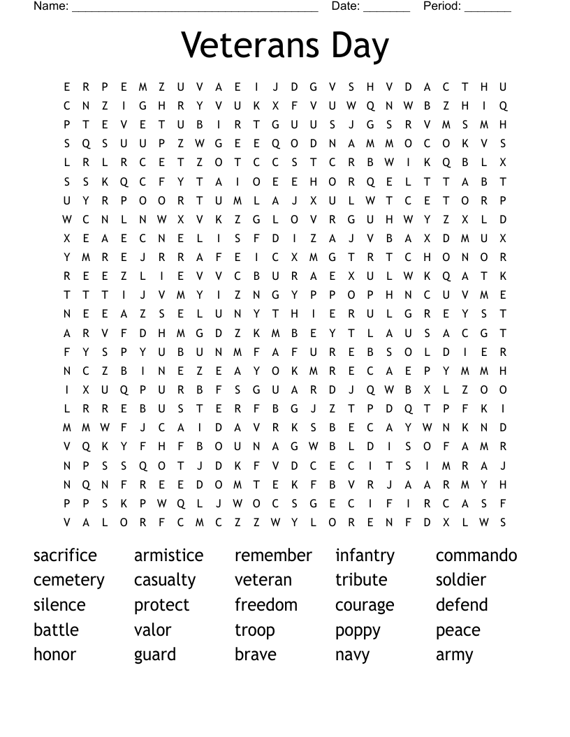 Veterans Day Word Search WordMint