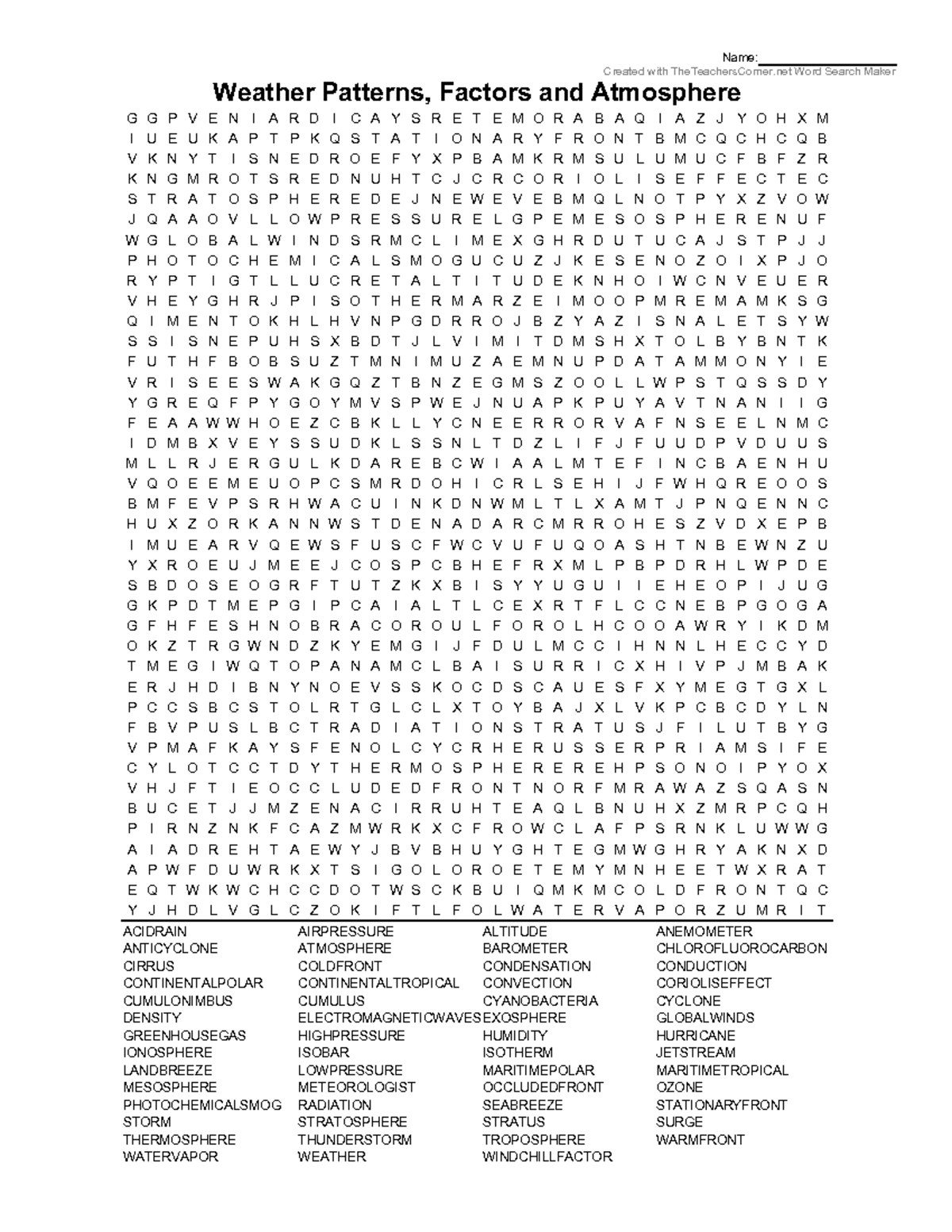 Weather Patterns Factors And Atmosphere Word Search Activity Studocu