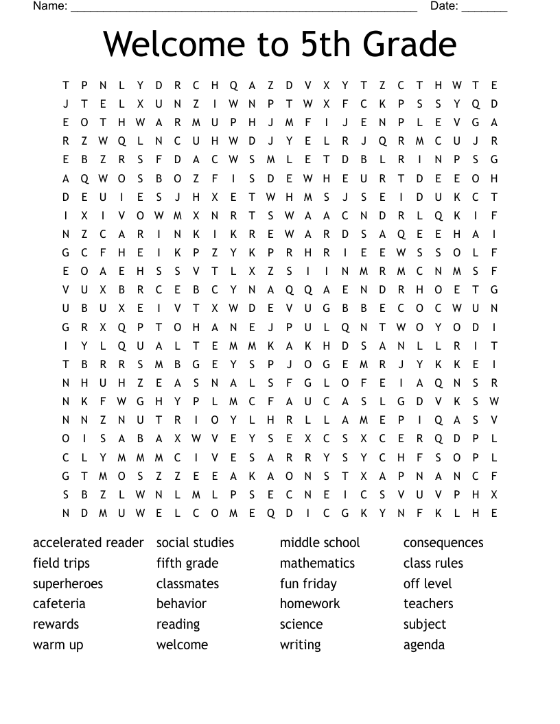 Welcome To 5th Grade Word Search WordMint