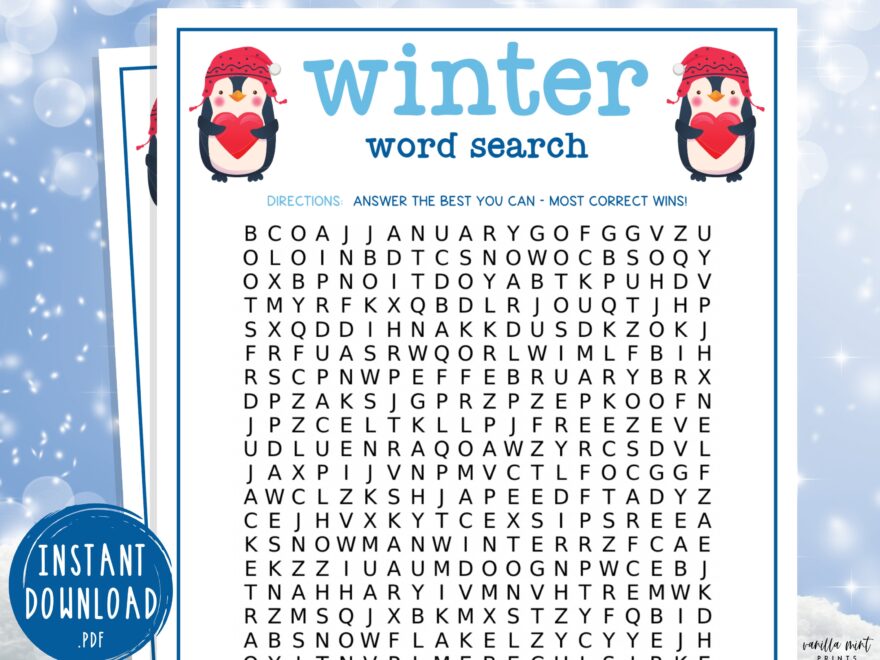 Winter Word Search Game Fun Printable Winter Games Wintertime Activities For Adults Kids Holiday Christmas Cold Weather Activity Etsy