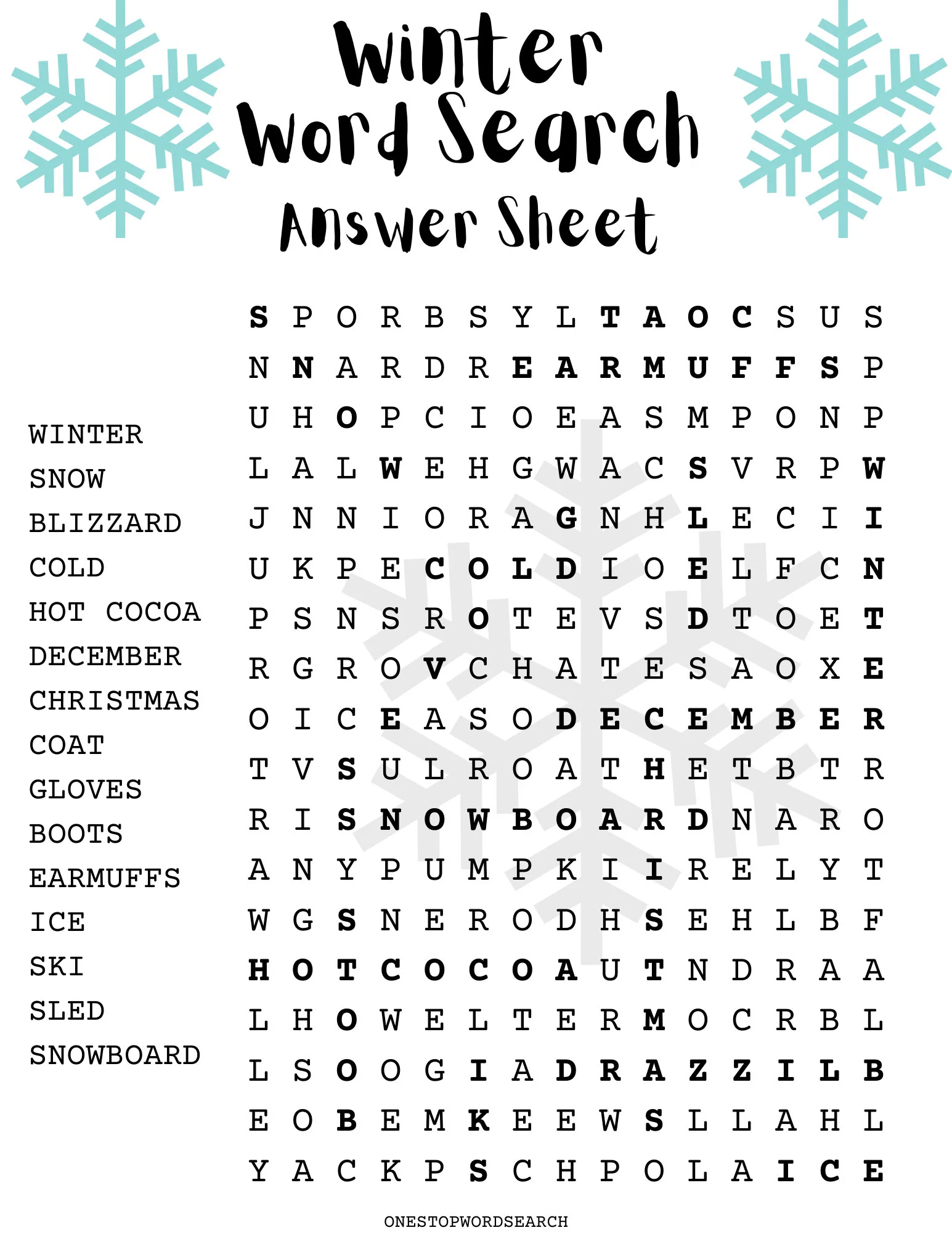Winter Word Search Puzzle With Answer Sheet Seasonal Puzzles Family Activities Children s Puzzles Etsy