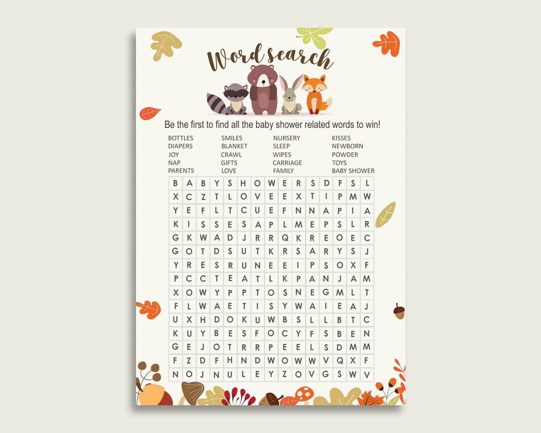 Woodland Word Search Game Brown Beige Baby Shower Word Search Cards Printable Gender Neutral Baby Shower Activities Hidden Words W0001 Etsy