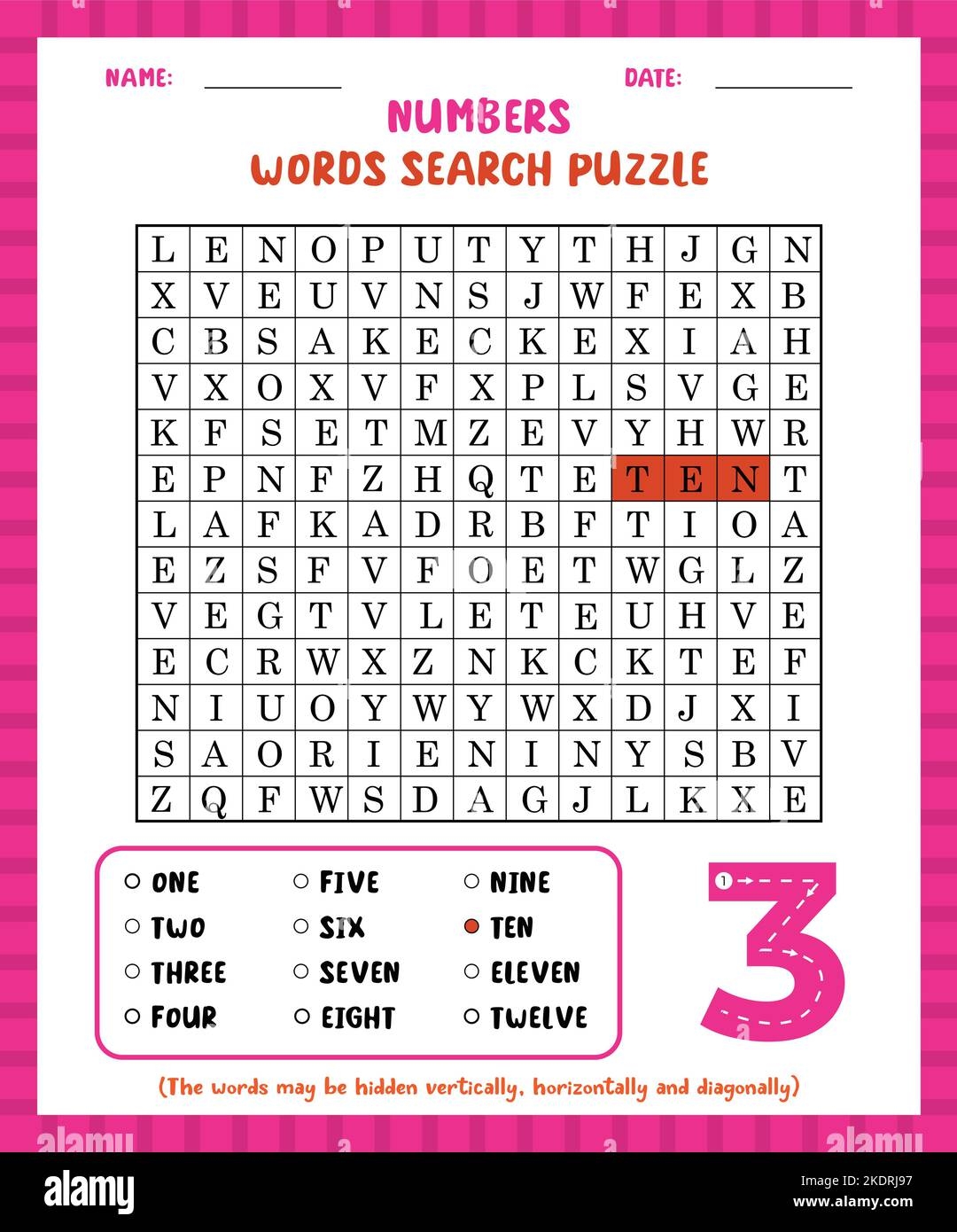 word search game numbers word search puzzle worksheet for learning english stock vector image art alamy