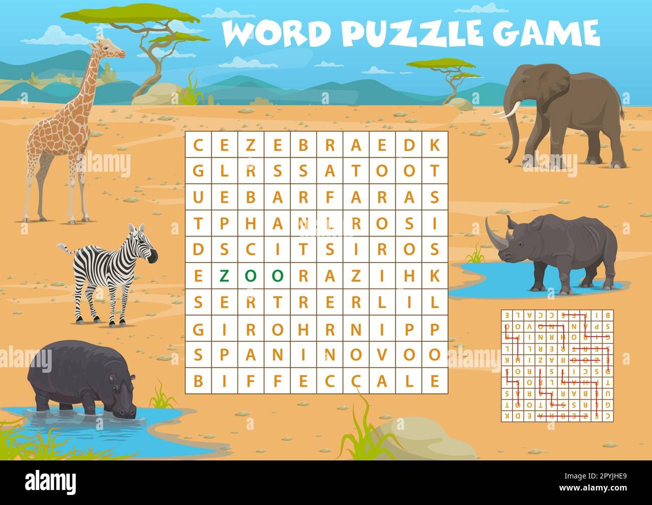 Word Search Puzzle Game With African Savannah Safari Animals Vector Kids Quiz Worksheet Elephant Zebra And Giraffe With Rhinoceros And Hippopotamus Stock Vector Image Art Alamy
