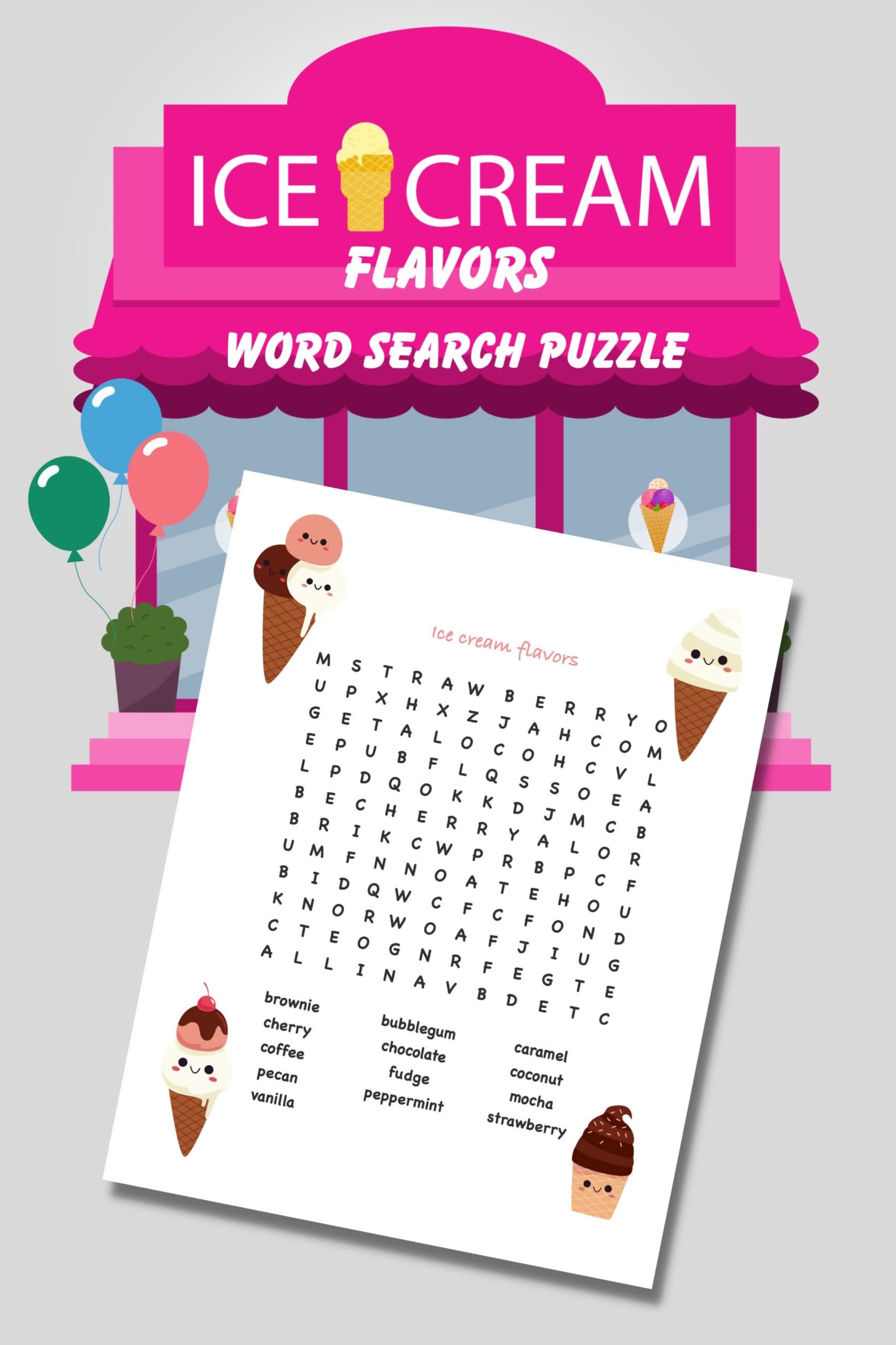 word search puzzle ice cream flavors printable party game senior activities brain teaser games