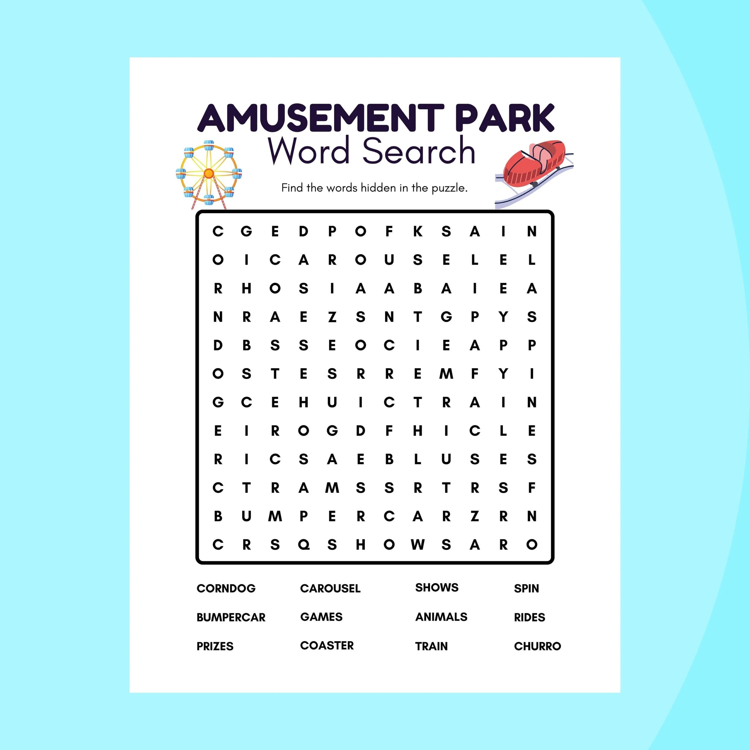 Word Search Puzzles Activity For Kids Circus Dogs Amusement Park Searching Games Printable Digital Download Etsy