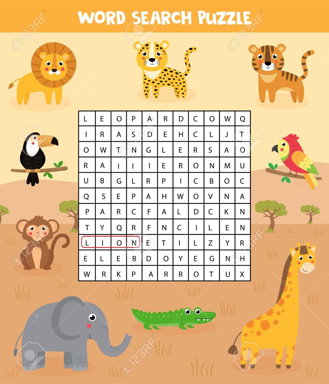 Words Search Puzzle For Kids African Safari Animals Find The Words In Field Printable Material Elementary Crossword For Children Royalty Free SVG Cliparts Vectors And Stock Illustration Image 145292518 