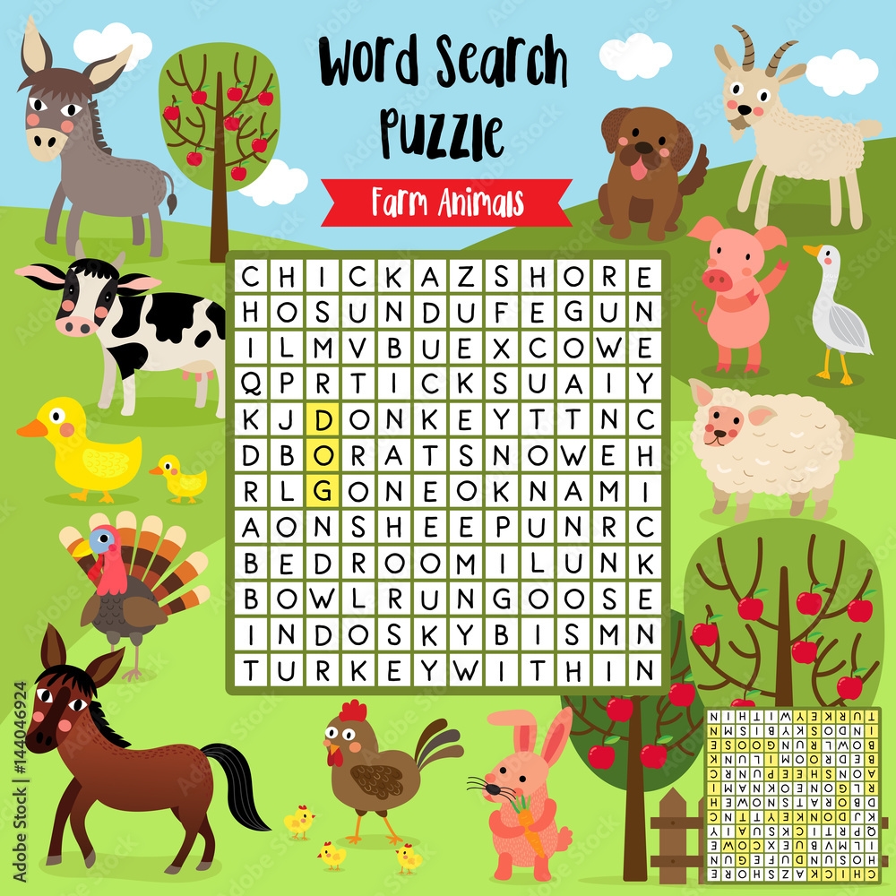 Words Search Puzzle Game Of Farm Animals For Preschool Kids Activity Worksheet Layout In A4 Colorful Printable Version Vector Illustration Stock Vector Adobe Stock