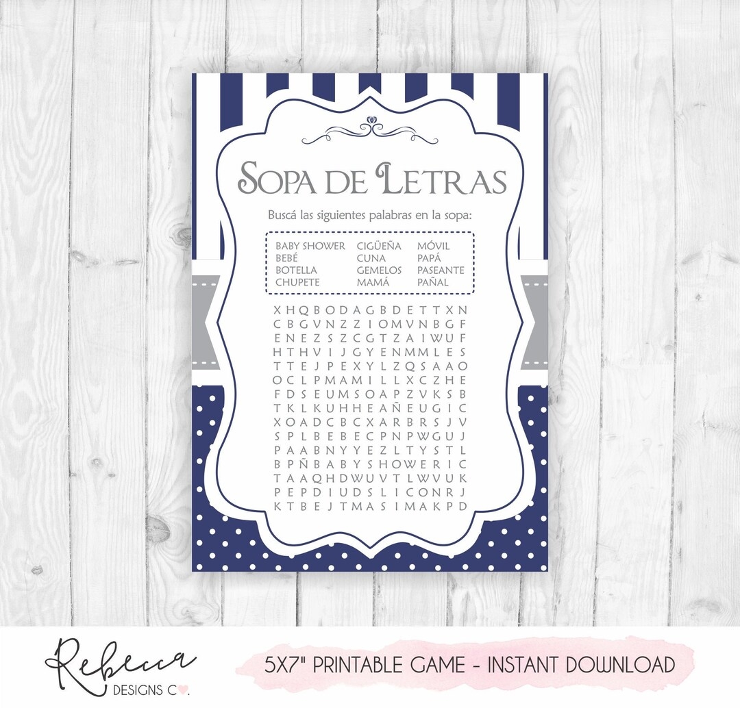 Wordsearch Game In Spanish Baby Shower In Spanish Espa ol Juegos Baby Shower Printable Espanol Sopa De Letras Azul Juego Blue Wordsearch 178 Etsy