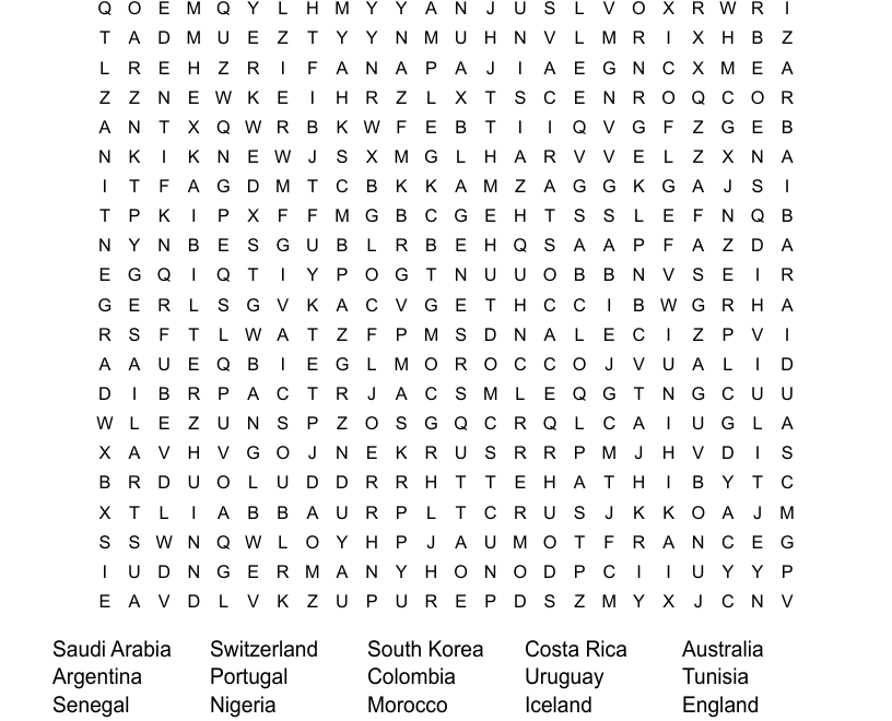 World Cup 2018 Word Search WordMint