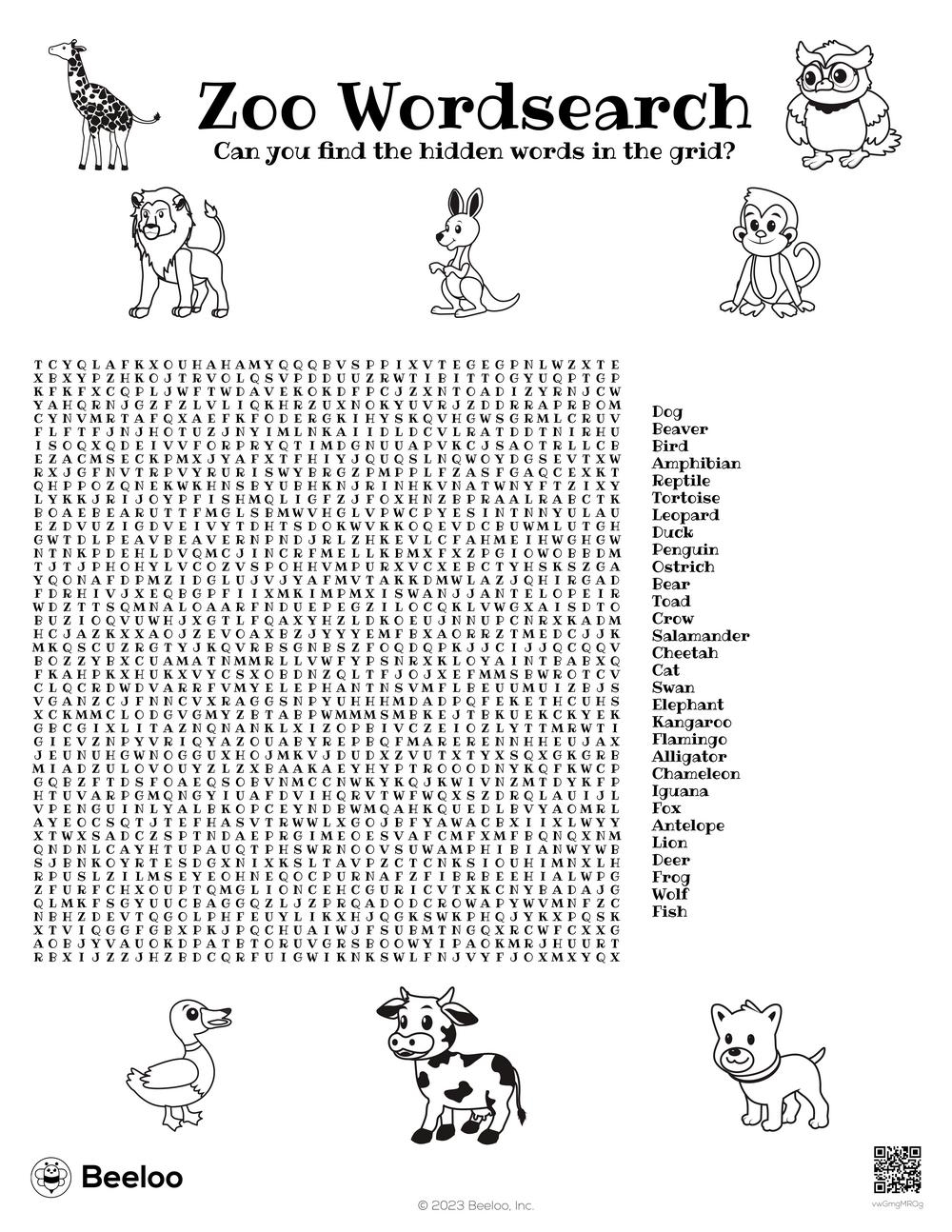 zoo wordsearch beeloo printable crafts and activities for kids