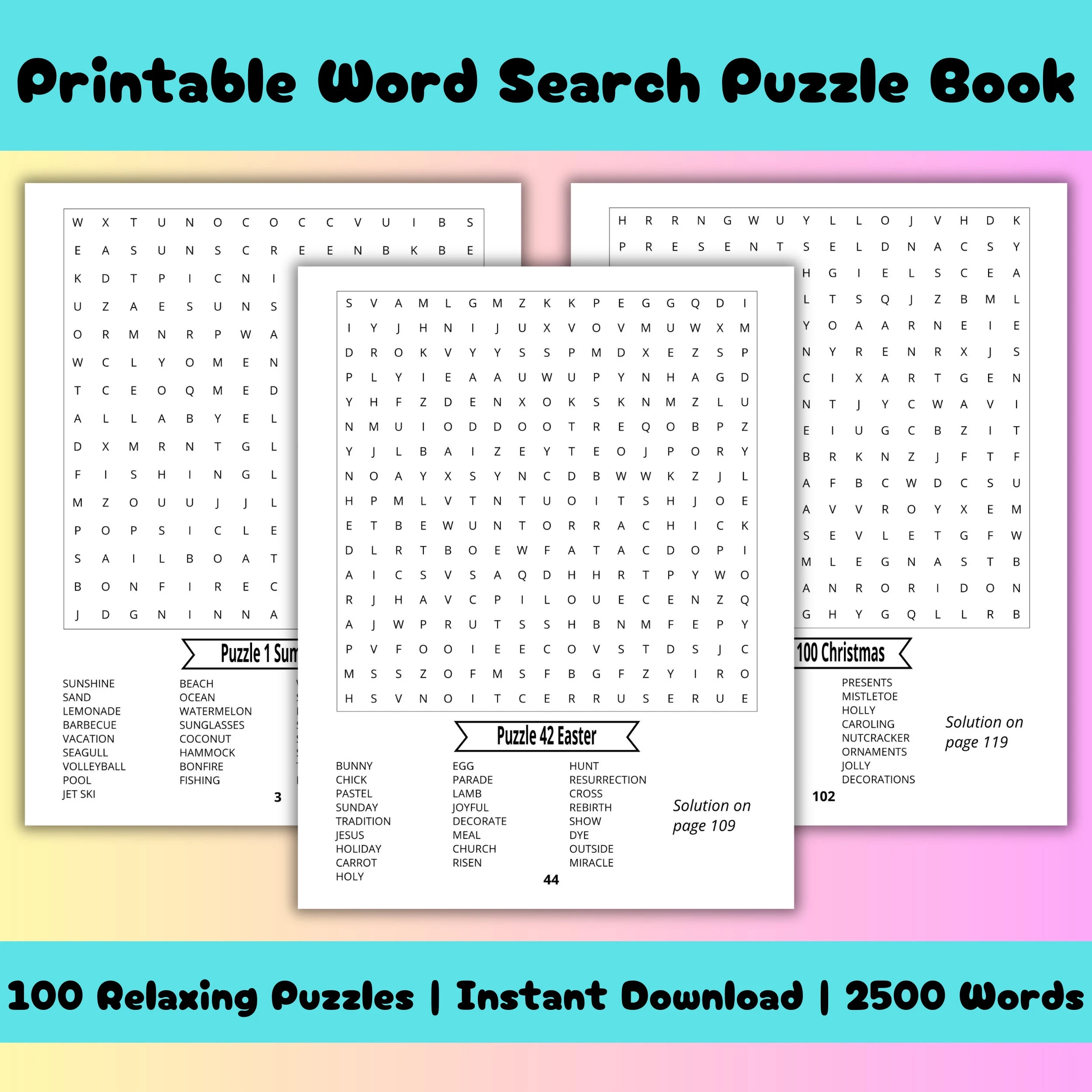 100 themed Word Search Puzzle Book Printable Fun Relaxing Word Searches Etsy