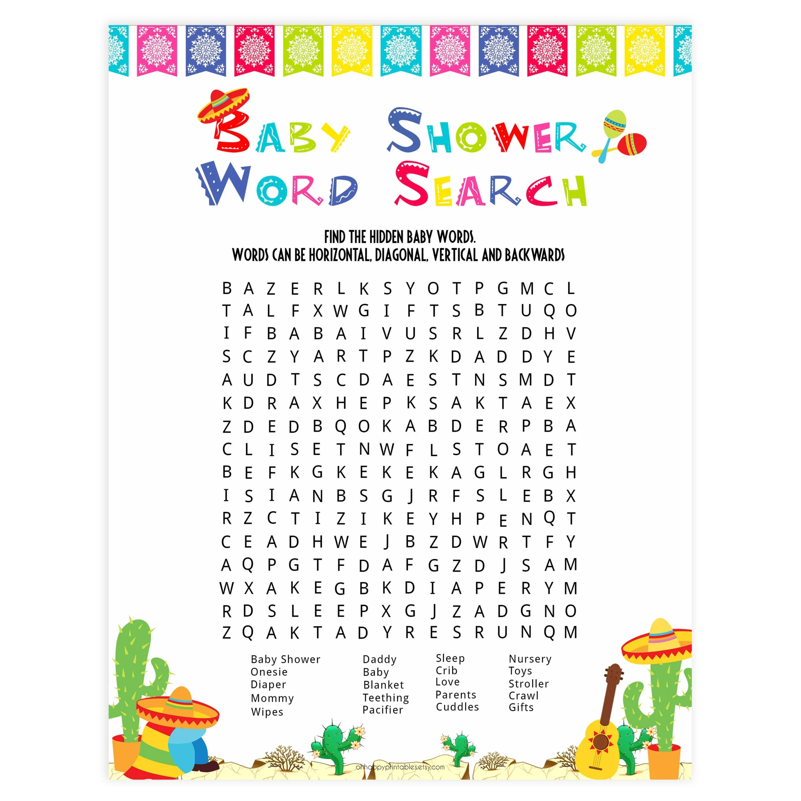 Baby Word Search Printable Mexican Fiesta Baby Shower Games OhHappyPrintables