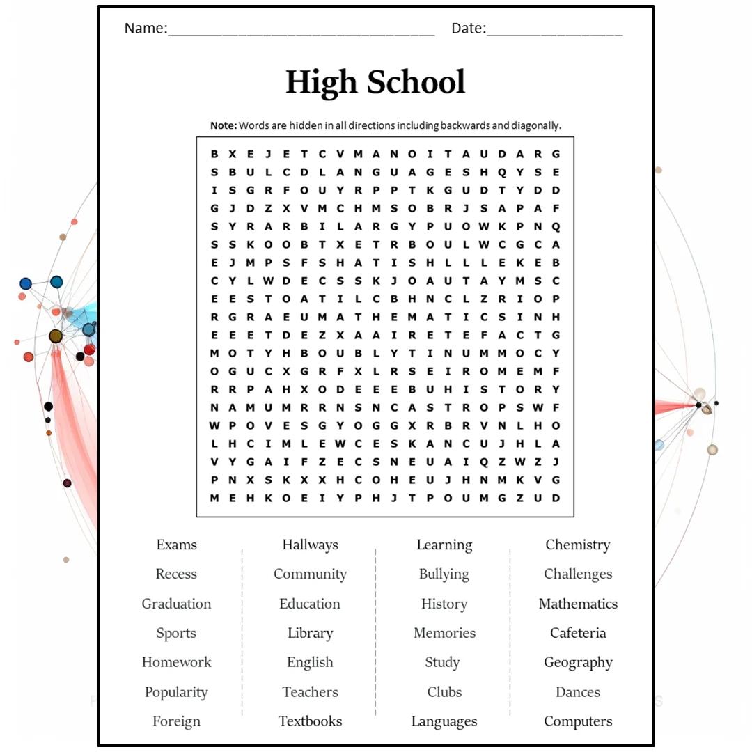 High School Word Search Puzzle Worksheet Activity PDF PrintableBazaar