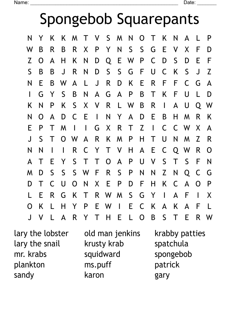 Spongebob Word Search Printable