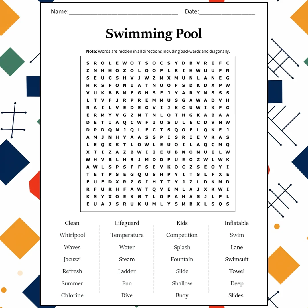 Swimming Word Search Printable