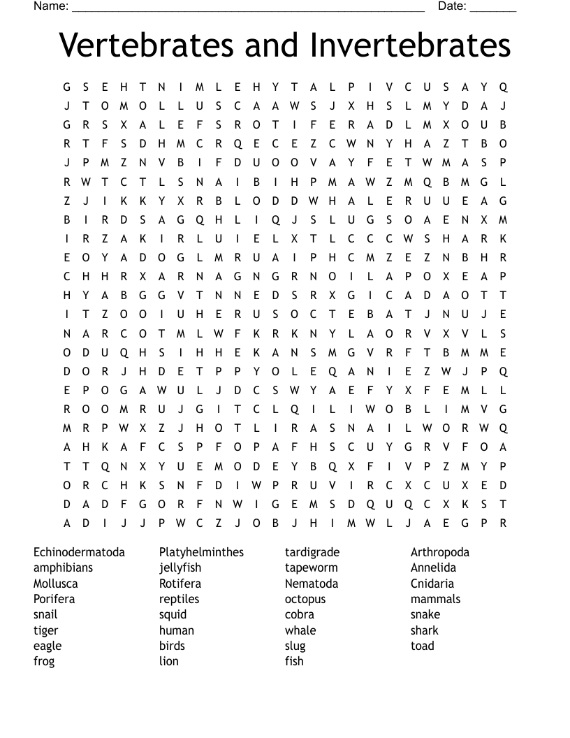 Vertebrates And Invertebrates Word Search WordMint