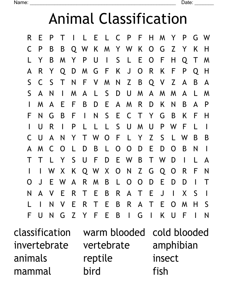 Printable Vertebrates Word Search